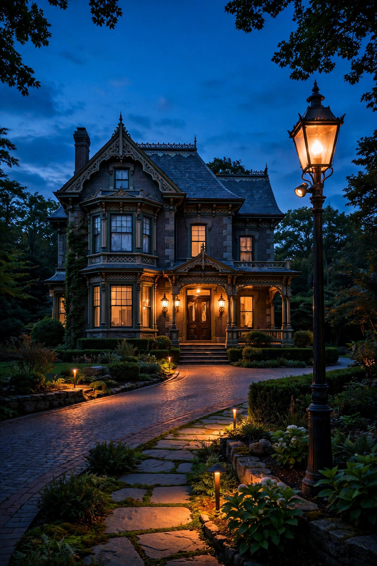 Fully lit Victorian driveway and walkway glowing on automatic photocell controls at full dusk