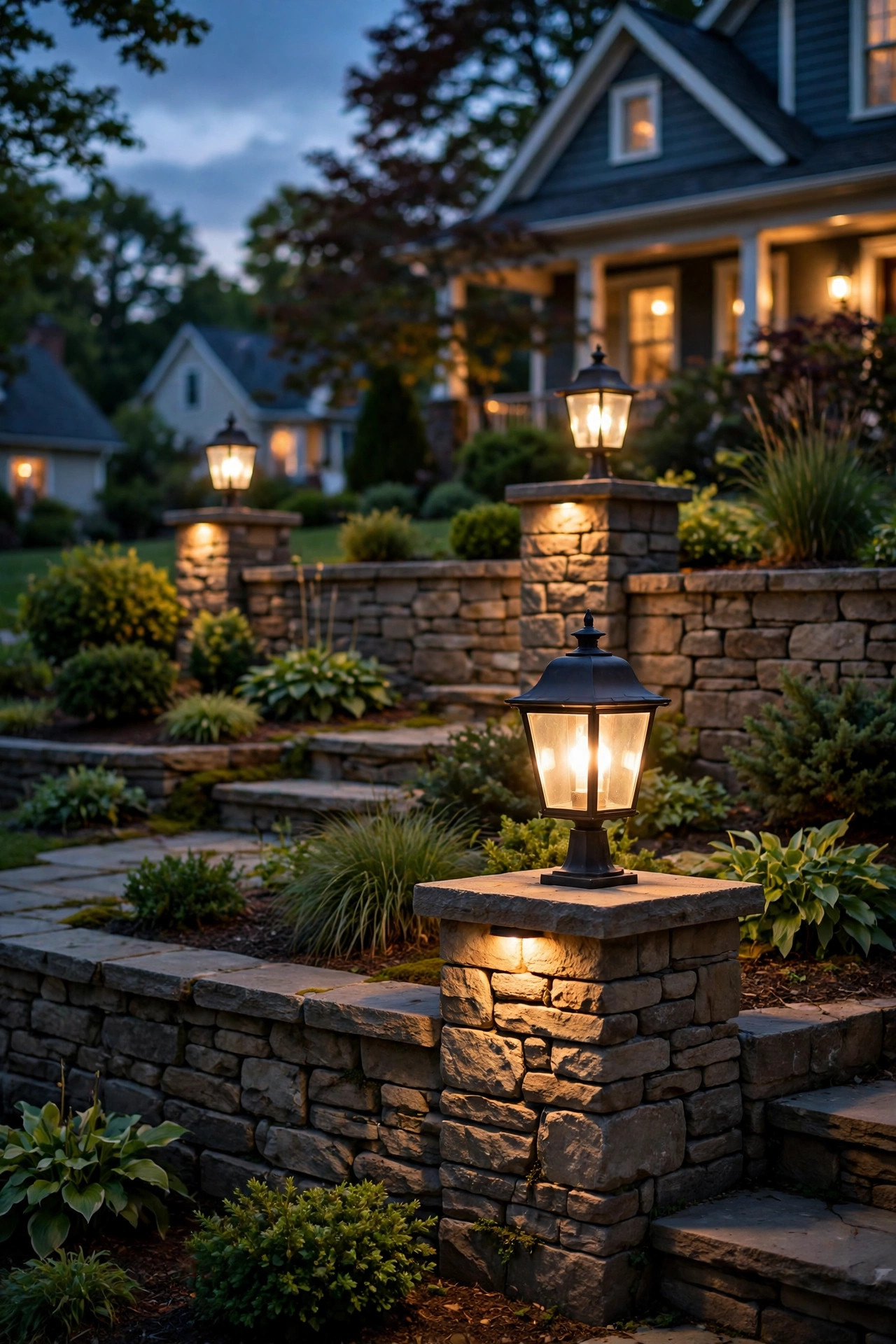 Lantern-style pillar lights capping retaining wall columns on a terraced front yard