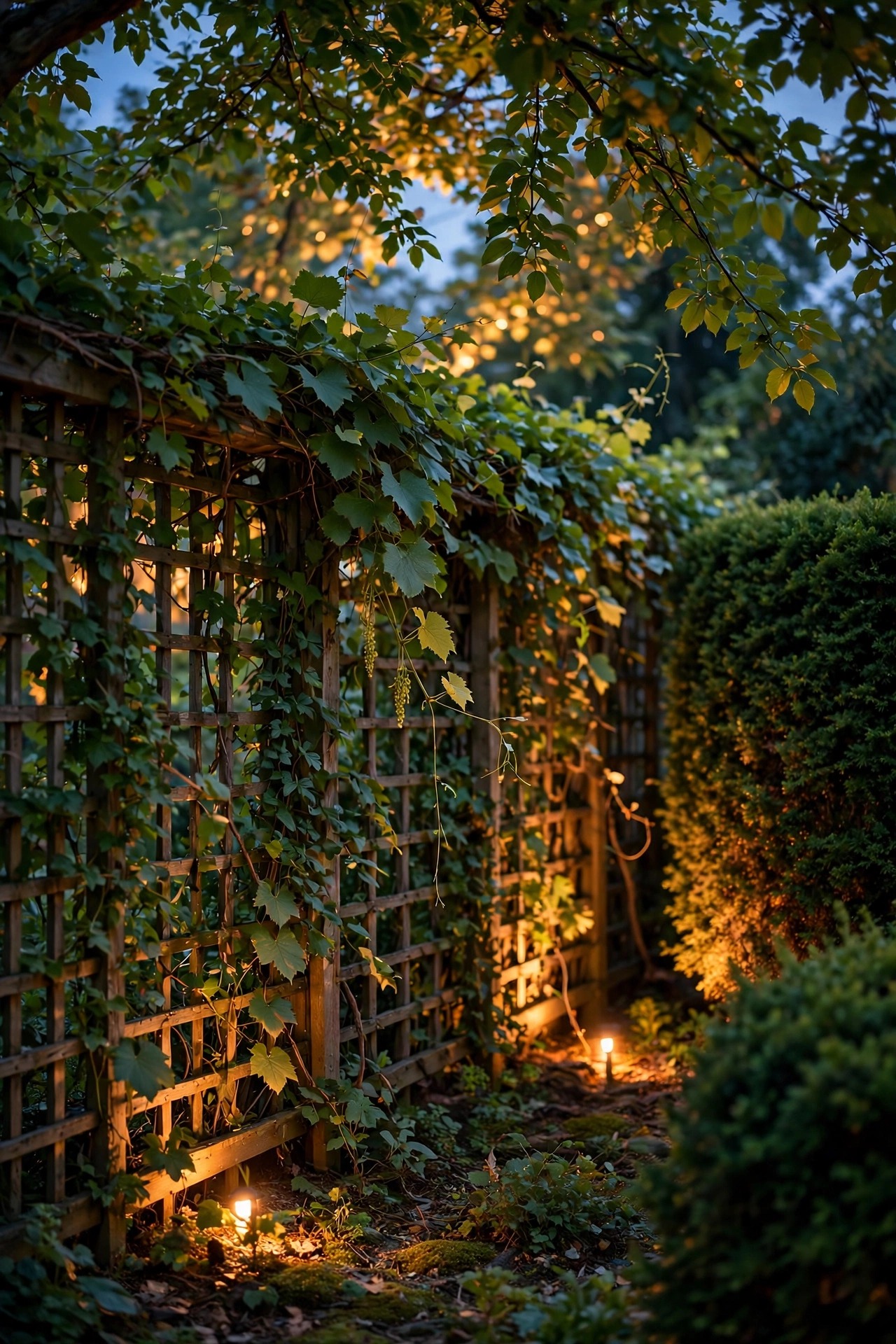 Evergreen hedge and a vine-covered trellis softening warm garden uplighting near a fence line at dusk, light filtered through leaves