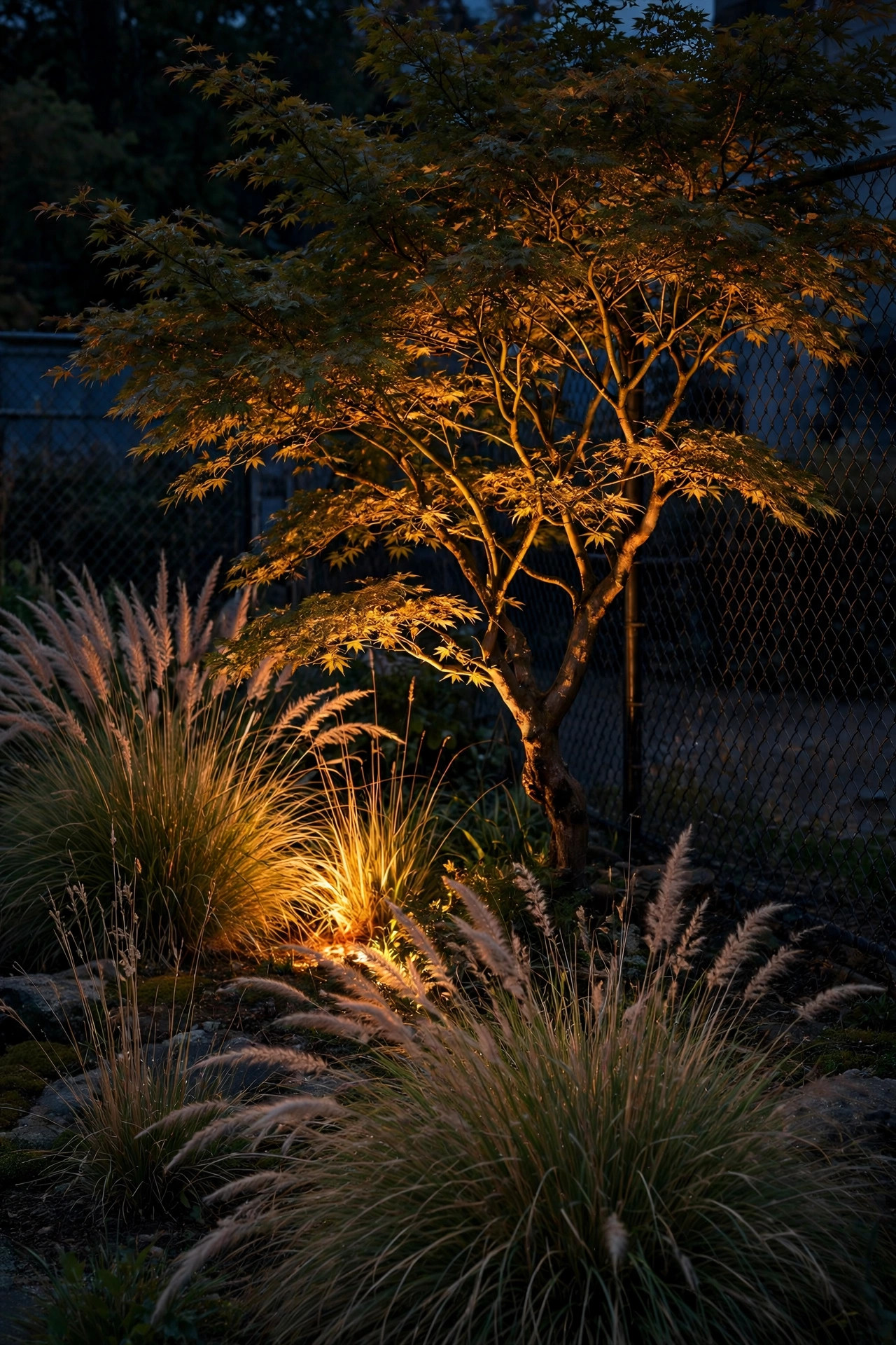 Ornamental tree and garden grasses near a chain-link fence dramatically uplighted while the fence stays in shadow