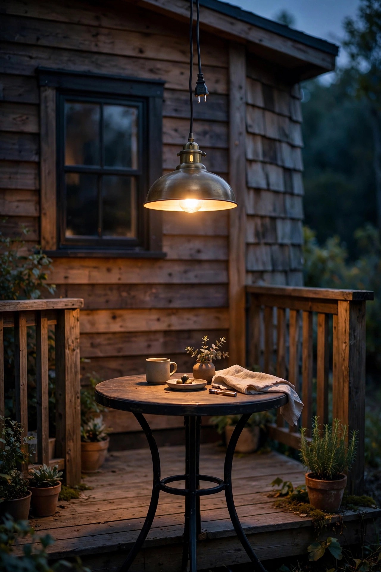 Single plug in pendant light hanging over a small bistro table on a tiny house deck casting a warm pool of light at dusk