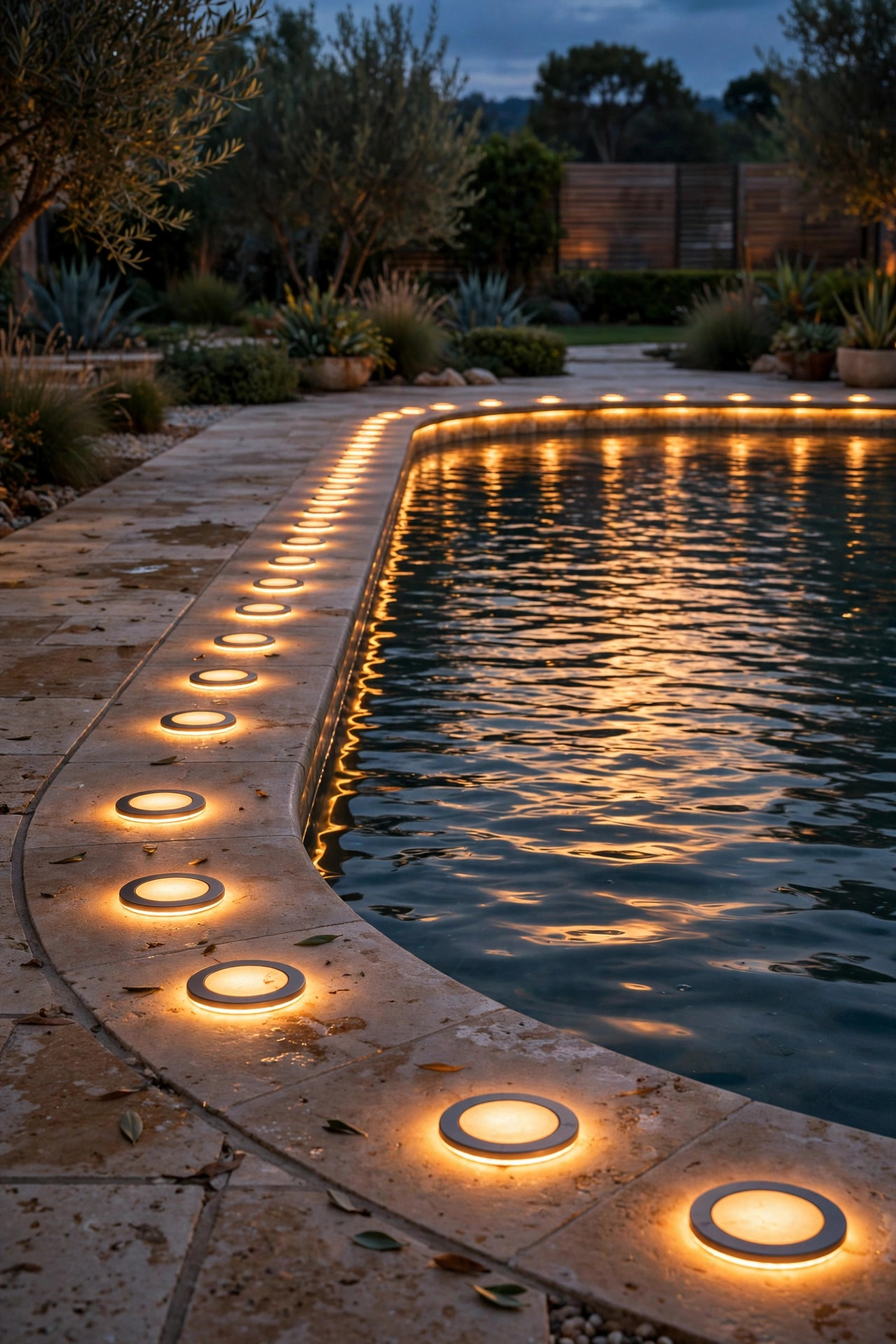 Solar disk lights outlining a pool deck edge at dusk, reflections shimmering on the water