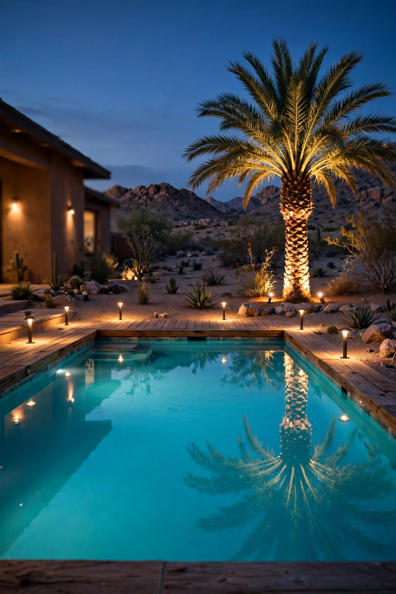 Desert backyard pool glowing turquoise at night with low deck path lights and an uplighted palm tree reflected in the water