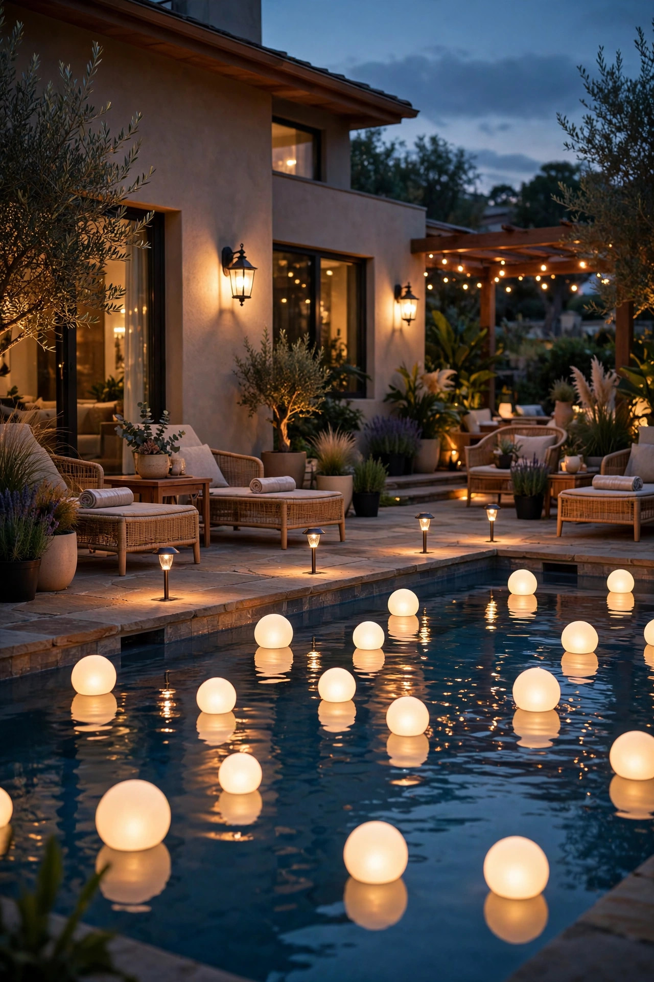 Pool party at dusk with floating LED orbs on the water, solar path lights on the deck and warm house sconces