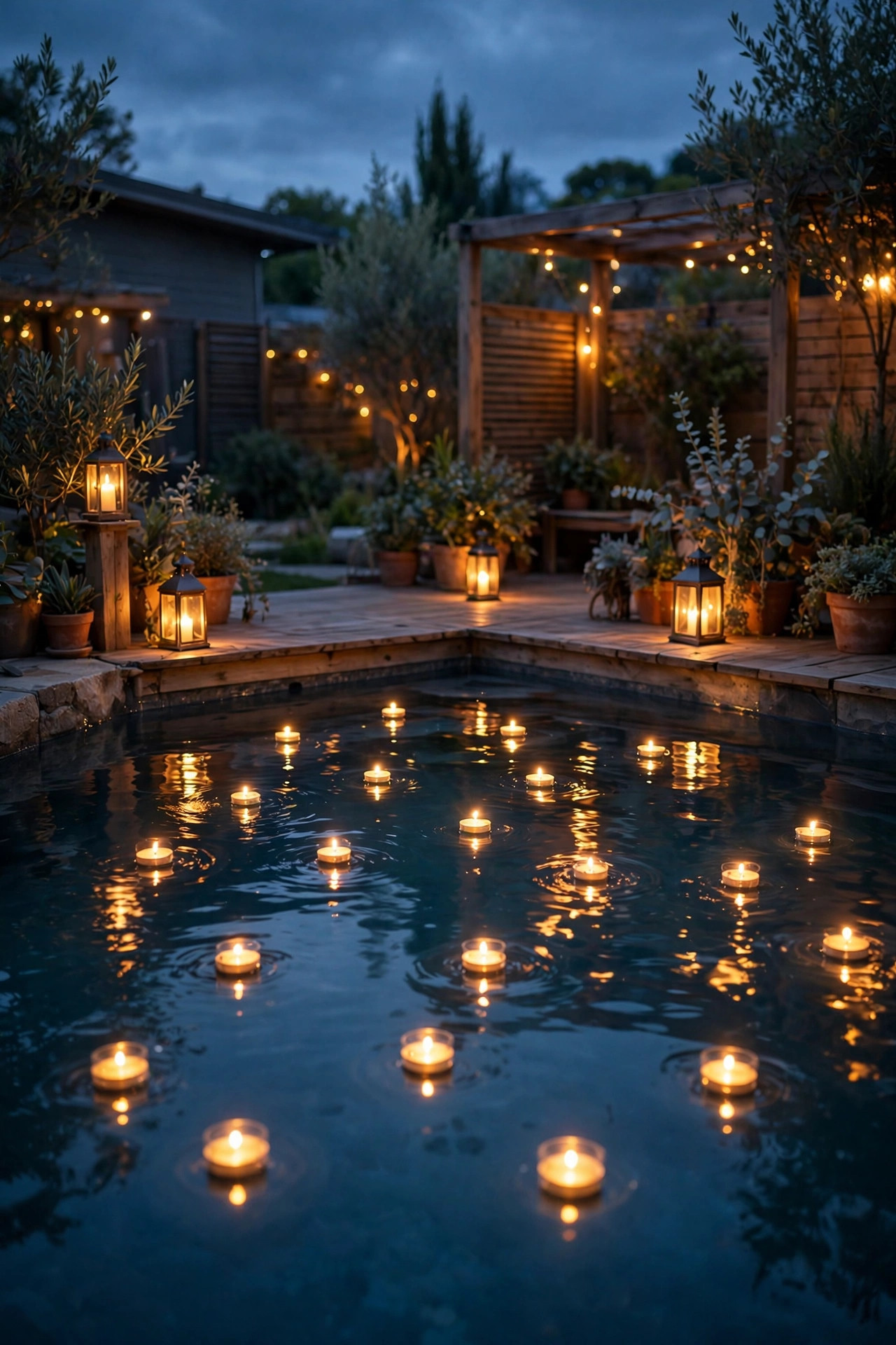 Floating warm lights glowing on a backyard pool surface at dusk with lanterns on the deck