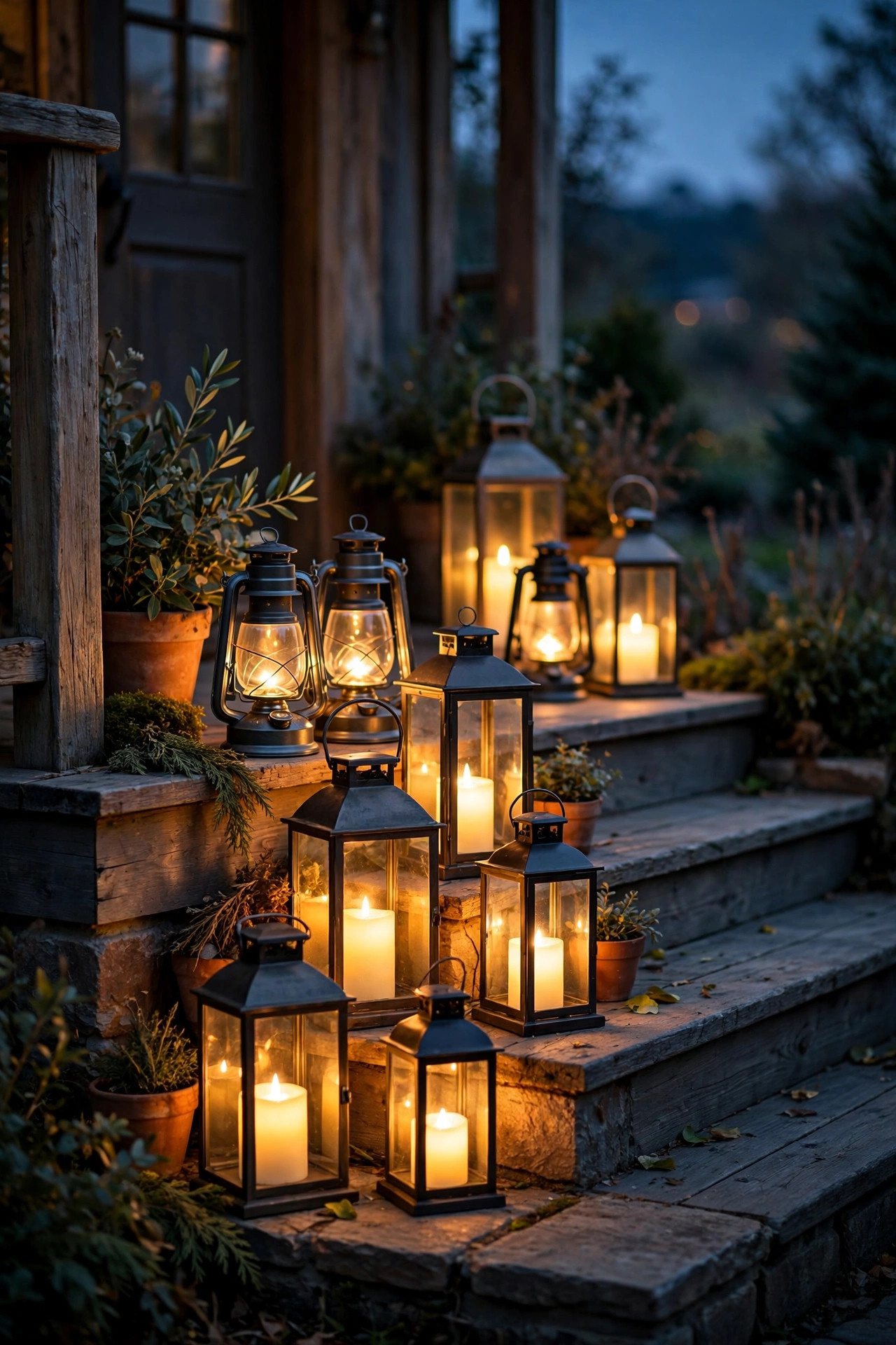Flameless LED lanterns clustered on porch steps at dusk, flickering warm light welcoming evening buyers
