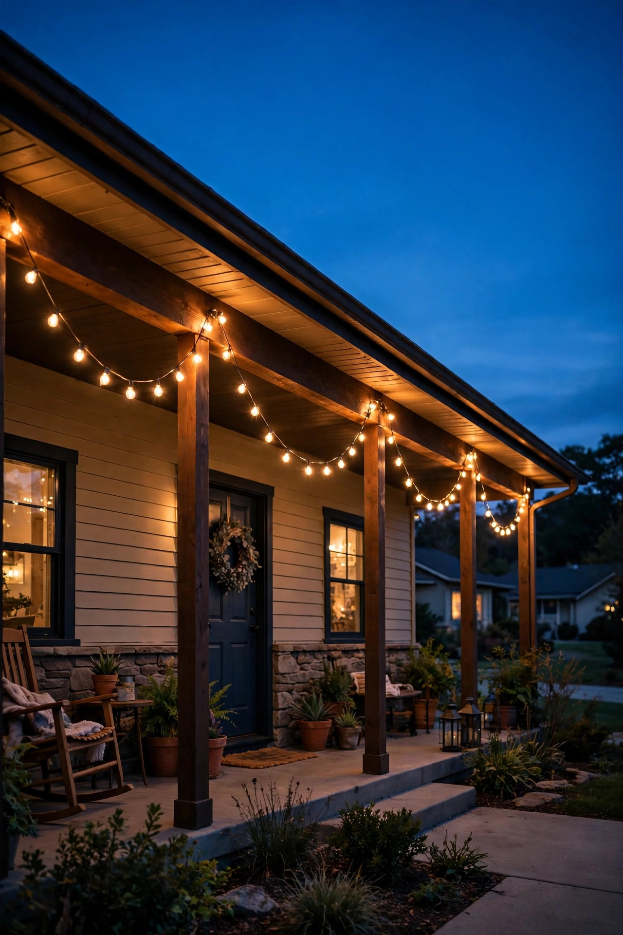 Warm string lights glowing along a front porch at night, cozy welcoming light on a dark street
