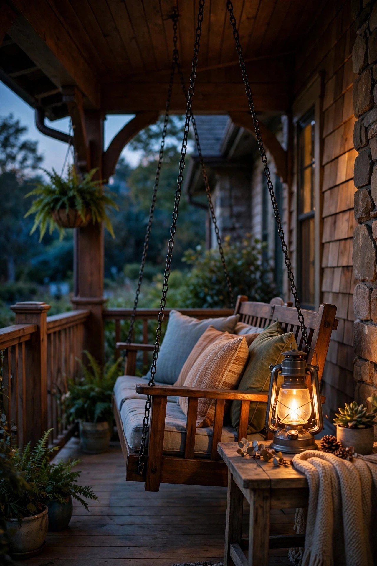 Craftsman porch swing at dusk with a warm lantern glowing on a side table beside cushions