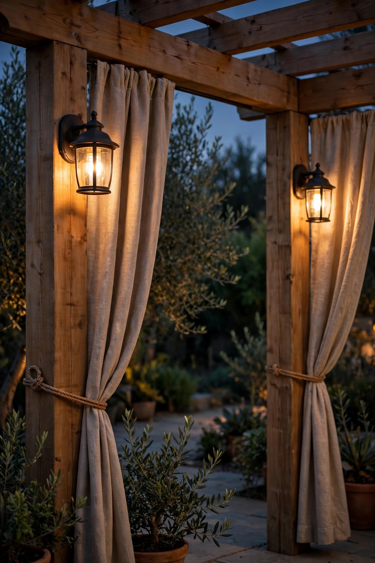 Outdoor sconces mounted on pergola posts flanking tied-back curtains