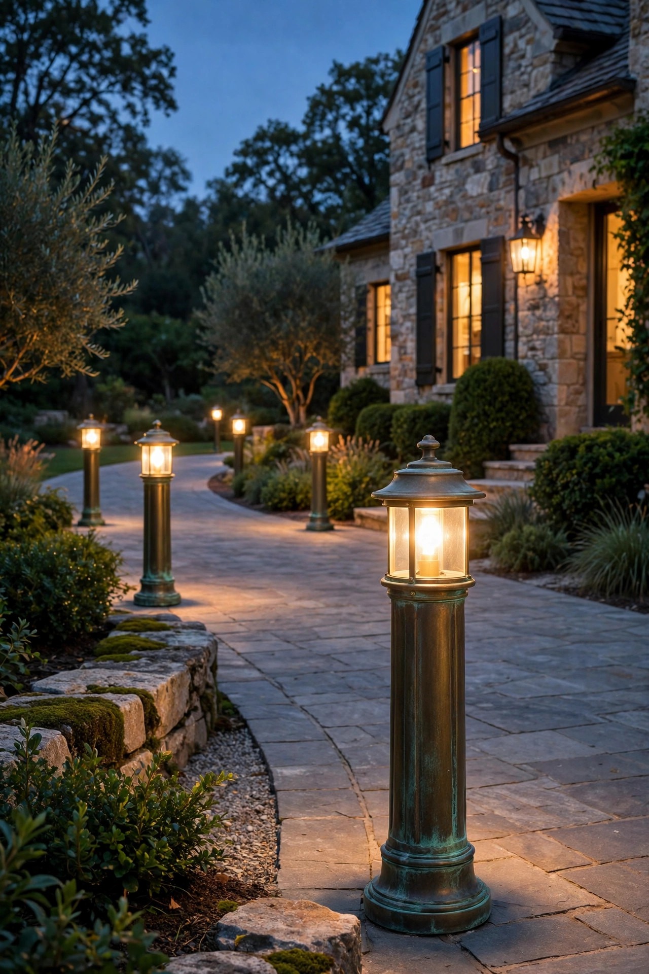 Premium brass architectural bollard lights with a rich patina lining an elegant driveway at dusk, warm refined glow beside a stone home