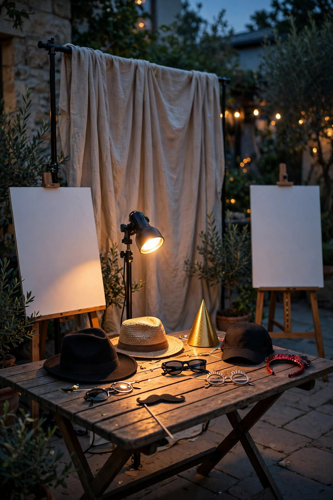 Small warm spotlight illuminating a party photo prop table with hats and signs beside a backdrop