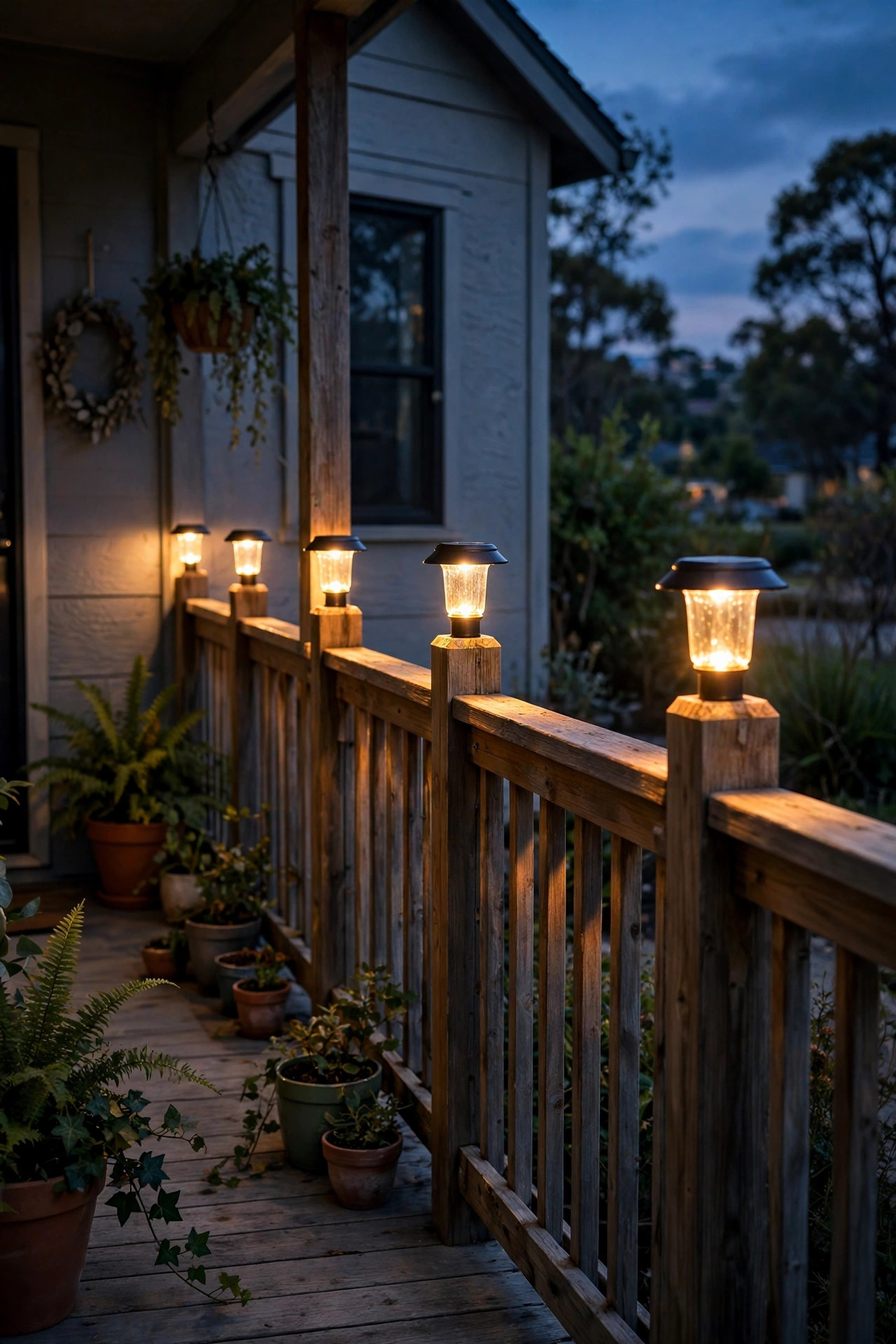 Solar post cap lights glowing along a rental porch railing at dusk