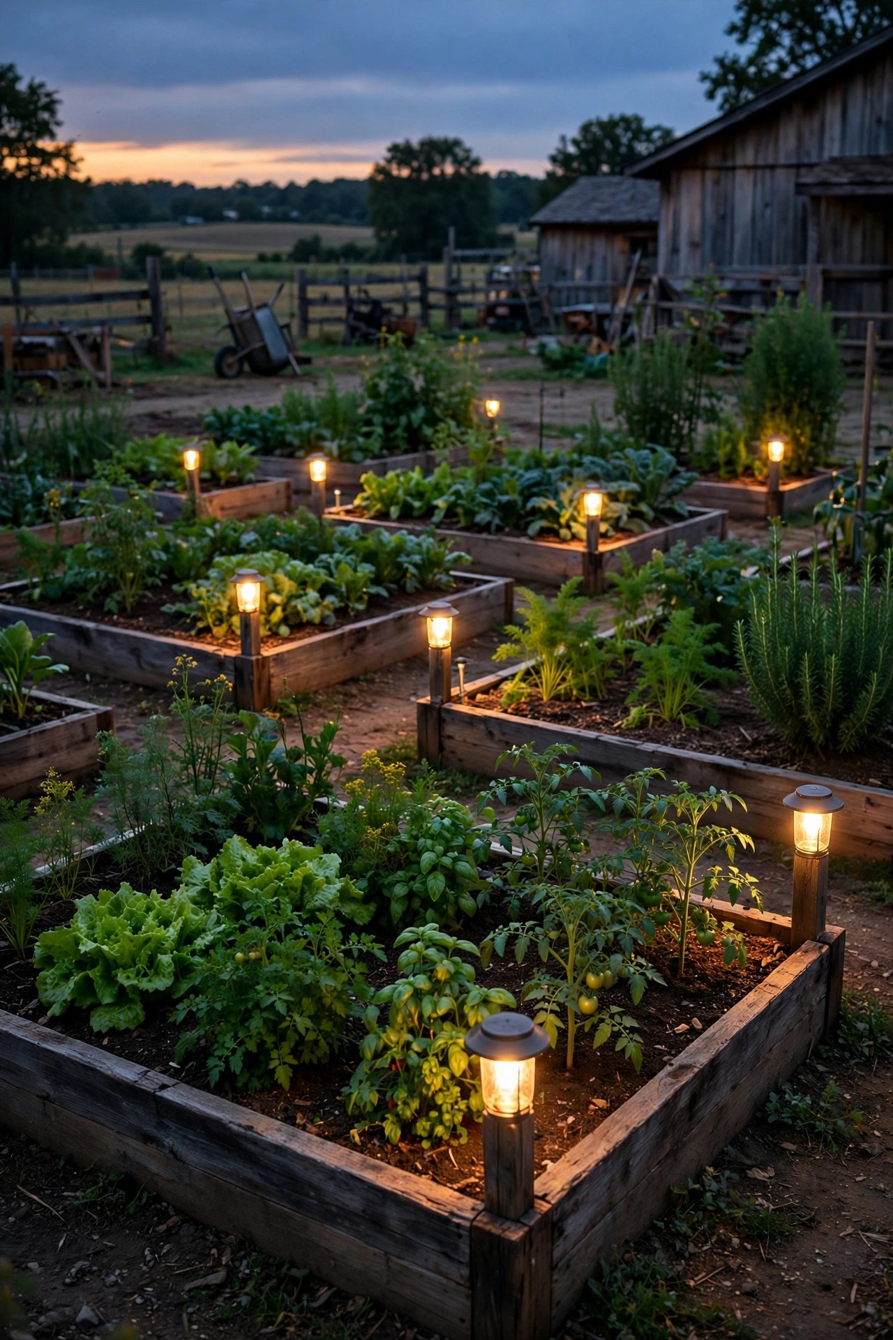 Raised vegetable garden beds with gentle warm corner lights glowing at dusk on a farmstead