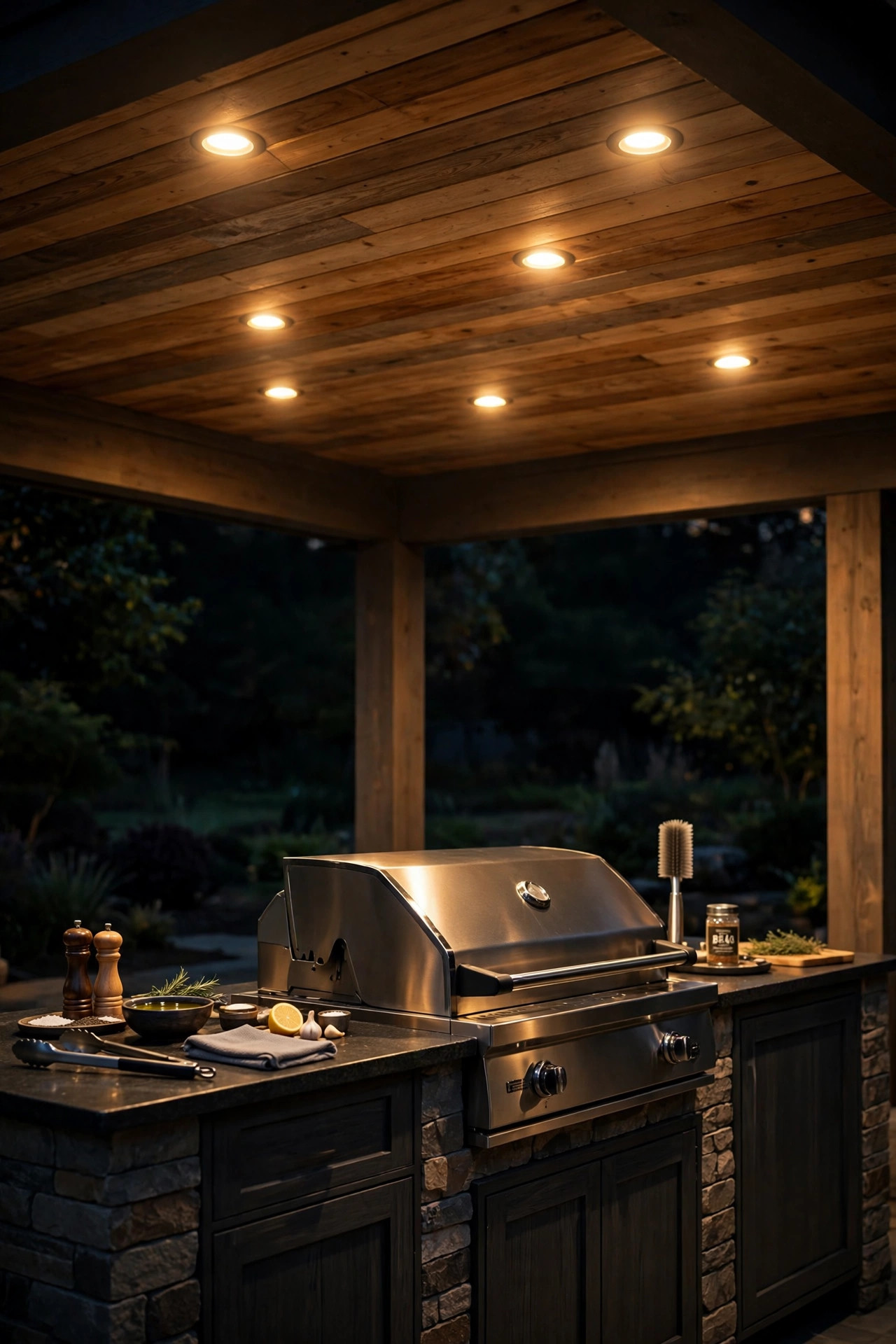 Recessed ceiling downlights washing a covered outdoor grill station in even warm light at night