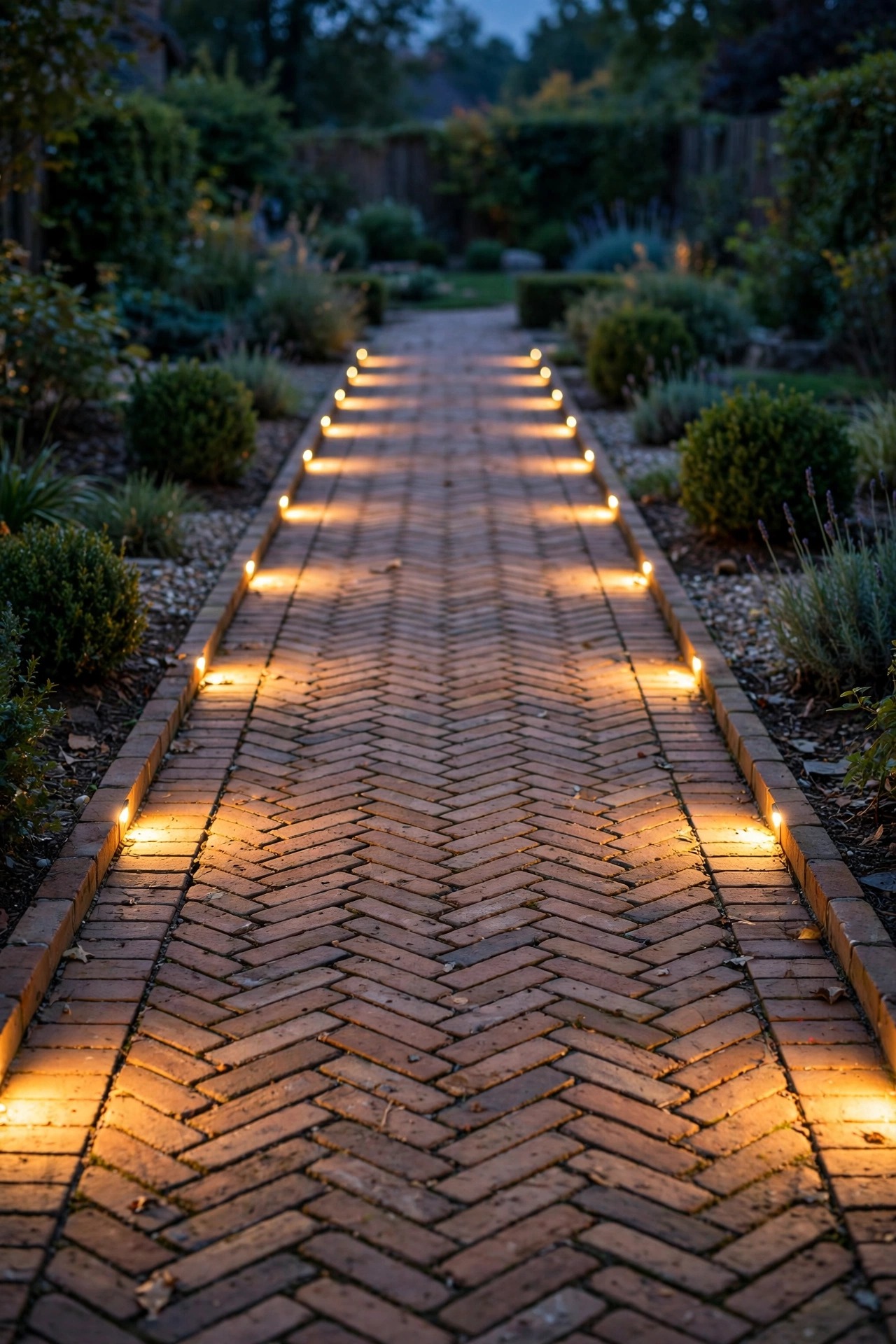 Recessed light markers set in opposite pairs along the edges of a herringbone brick walkway, glowing warm at dusk