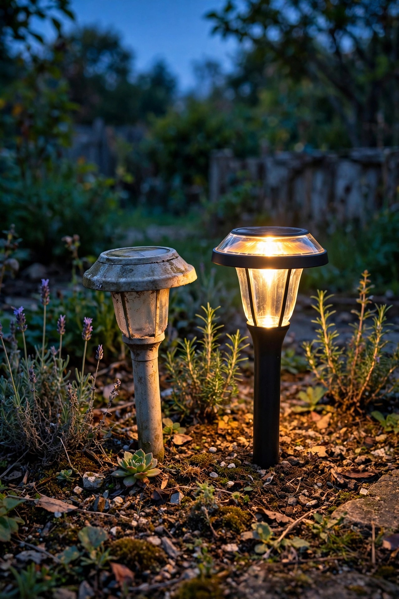 A brand-new solar path light glowing warmly in a garden bed beside the old weathered light it replaced