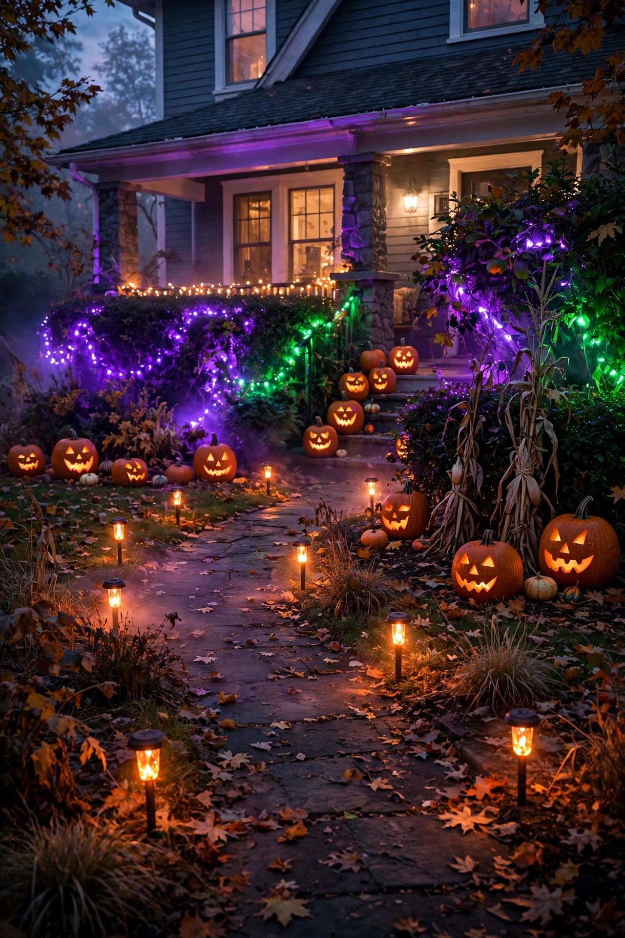 Spooky front yard at night with purple and green rgb outdoor lights, flickering orange path lights and carved pumpkins
