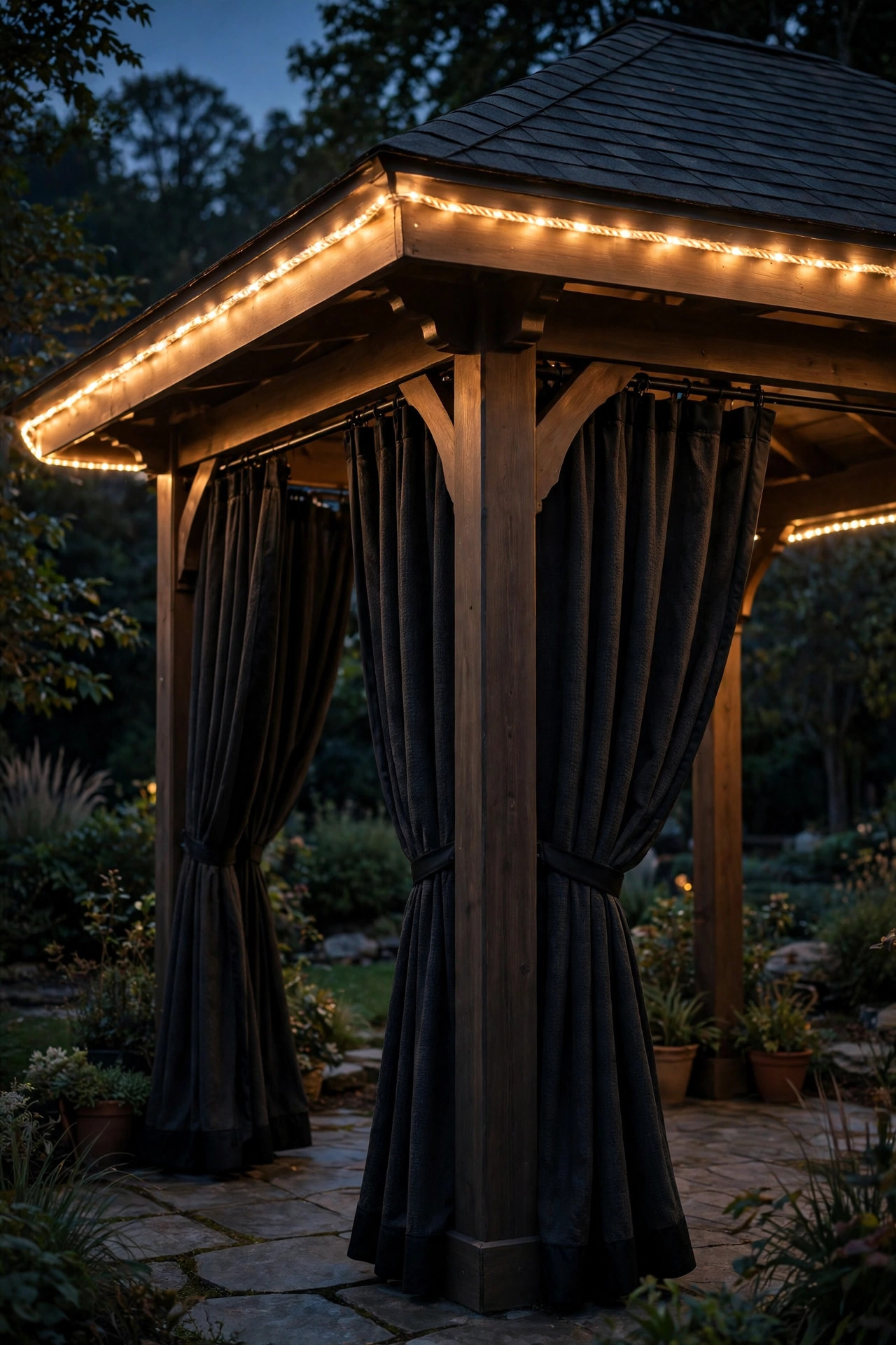 Rope light tracing the eave above blackout-lined gazebo curtains at night