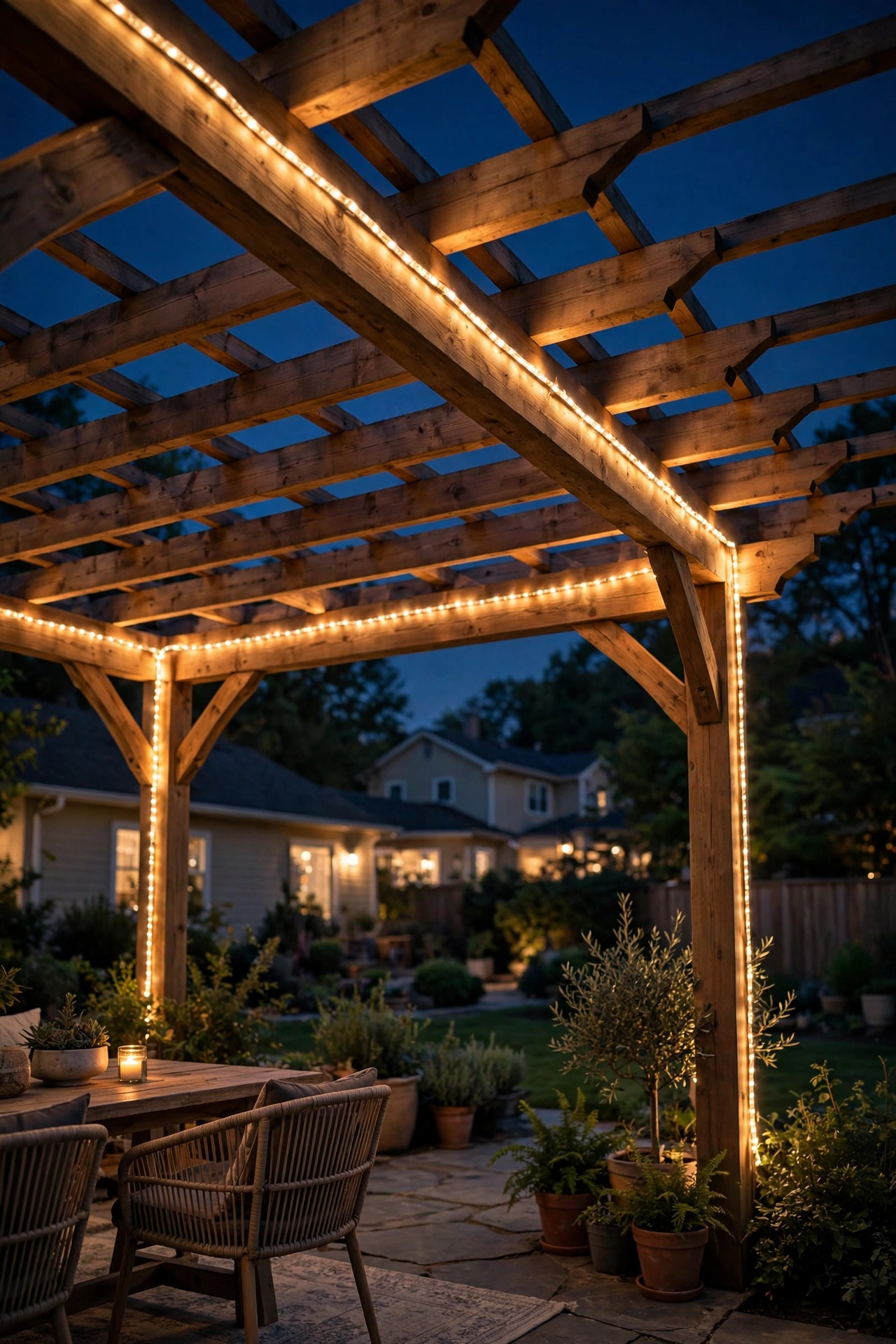 Warm rope lights tucked under pergola rafters outlining the structure at night