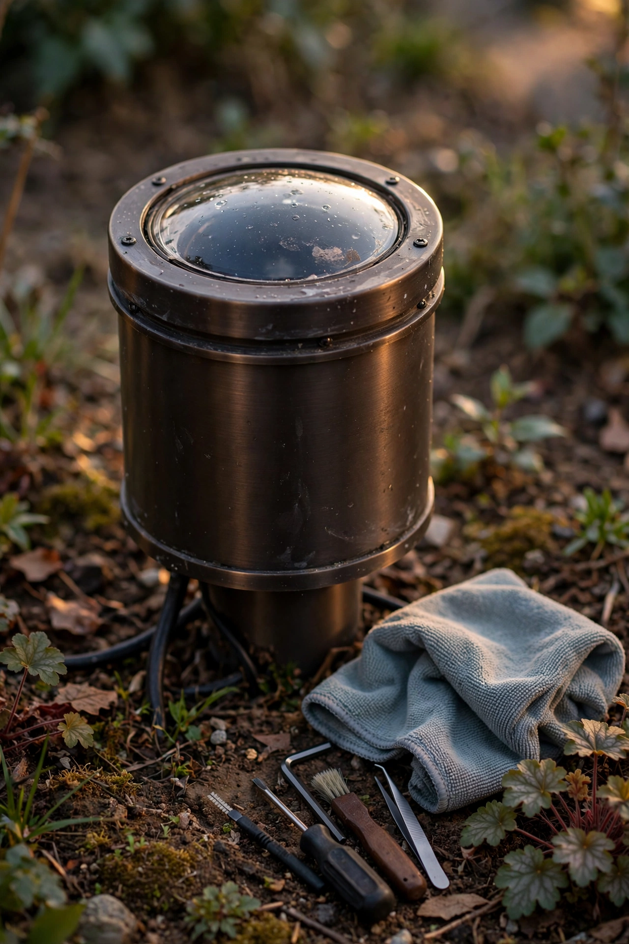 Homeowner wiping clean a landscape light lens and re-aiming the fixture during a fall evening maintenance check