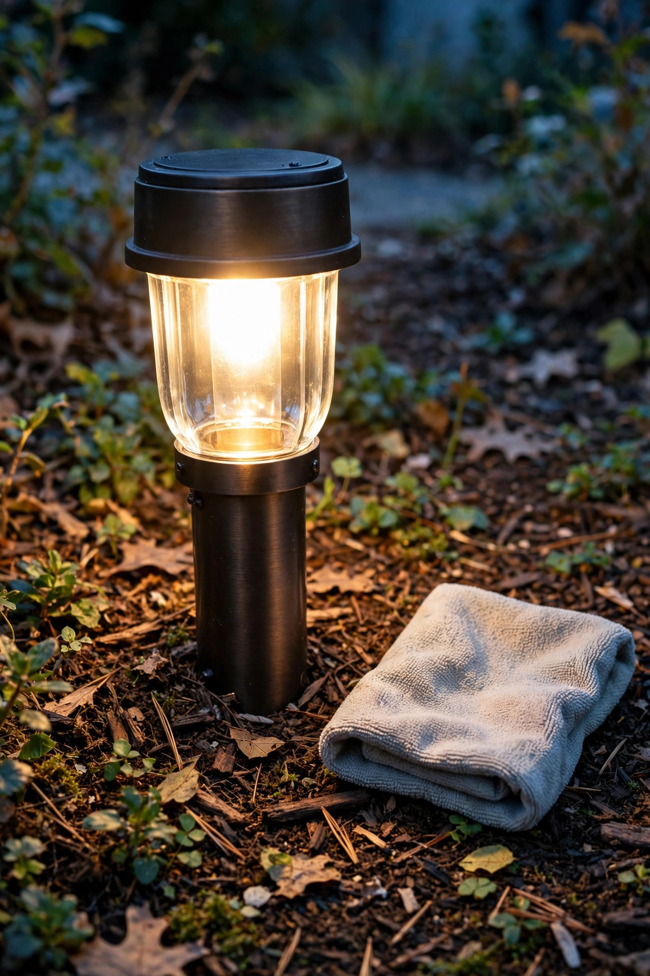 Homeowner wiping the lens of a path light in a garden bed during a seasonal check at dusk