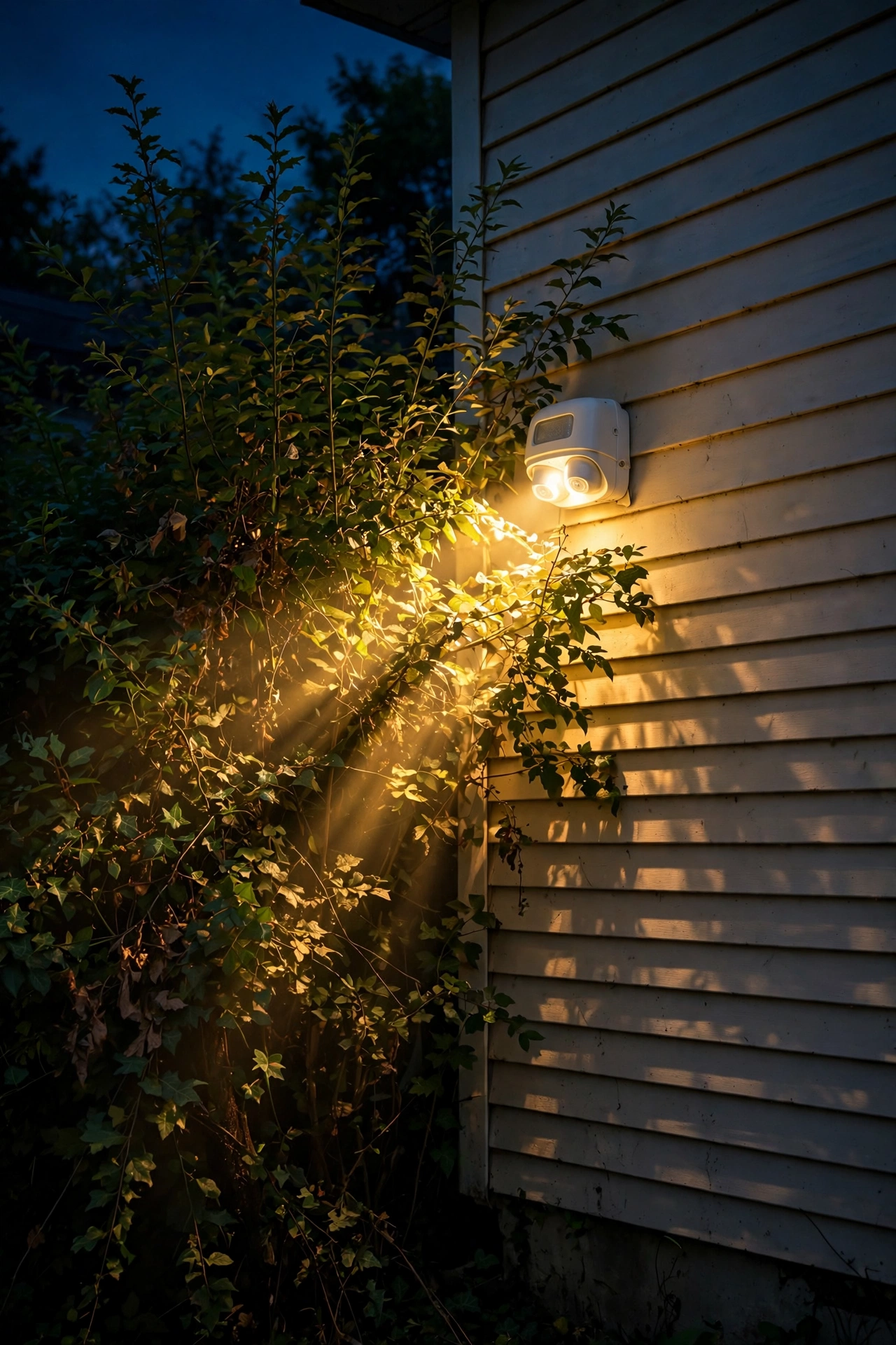 Overgrown shrubs blocking an outdoor motion light, a common home security lighting mistake