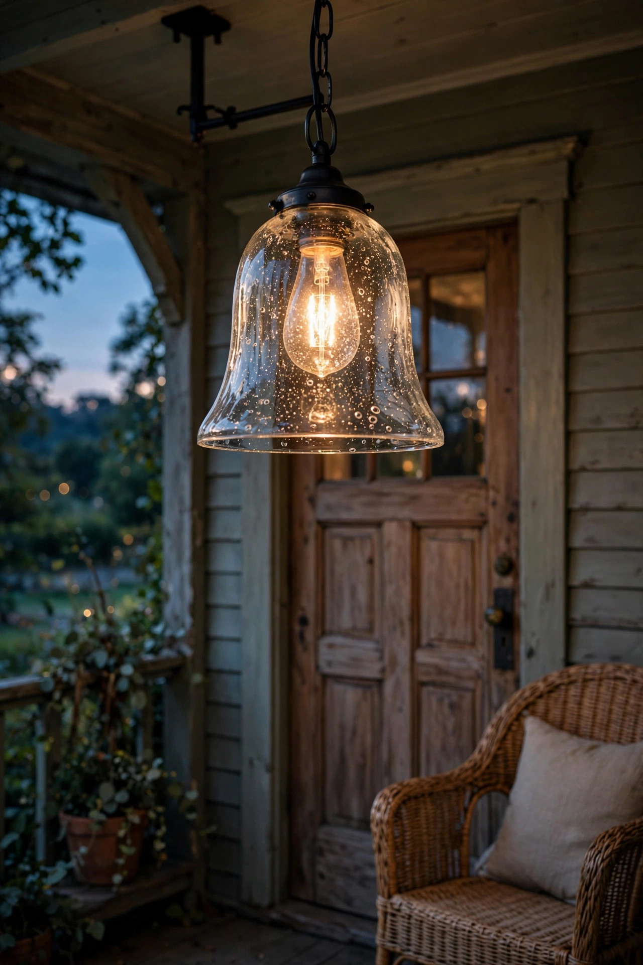 Seeded glass bell pendant light shimmering warmly on a vintage-style porch