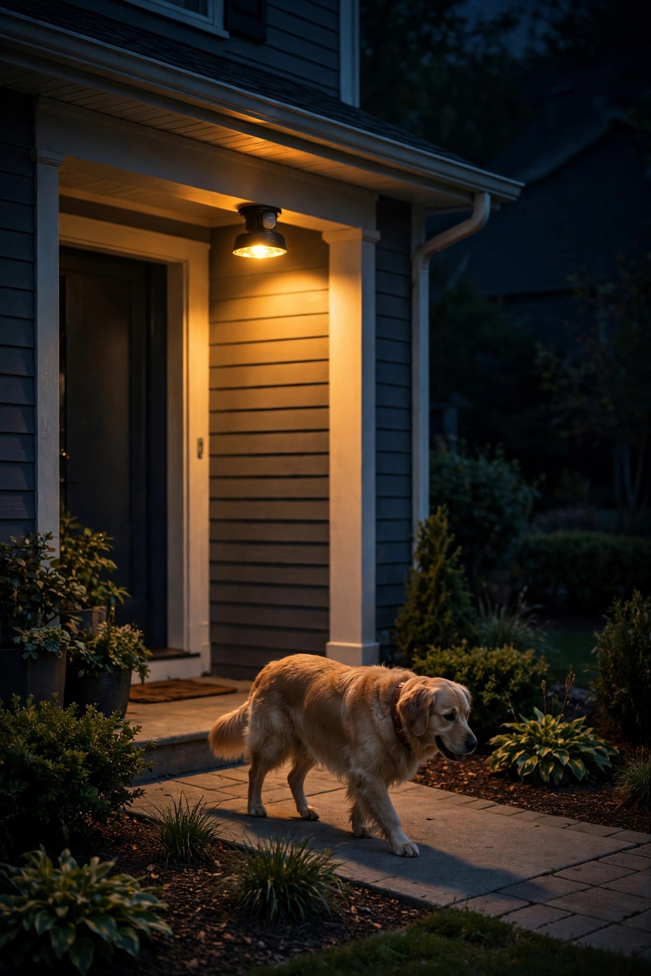 Motion sensor porch light at night with a family dog walking calmly below it on the front walk