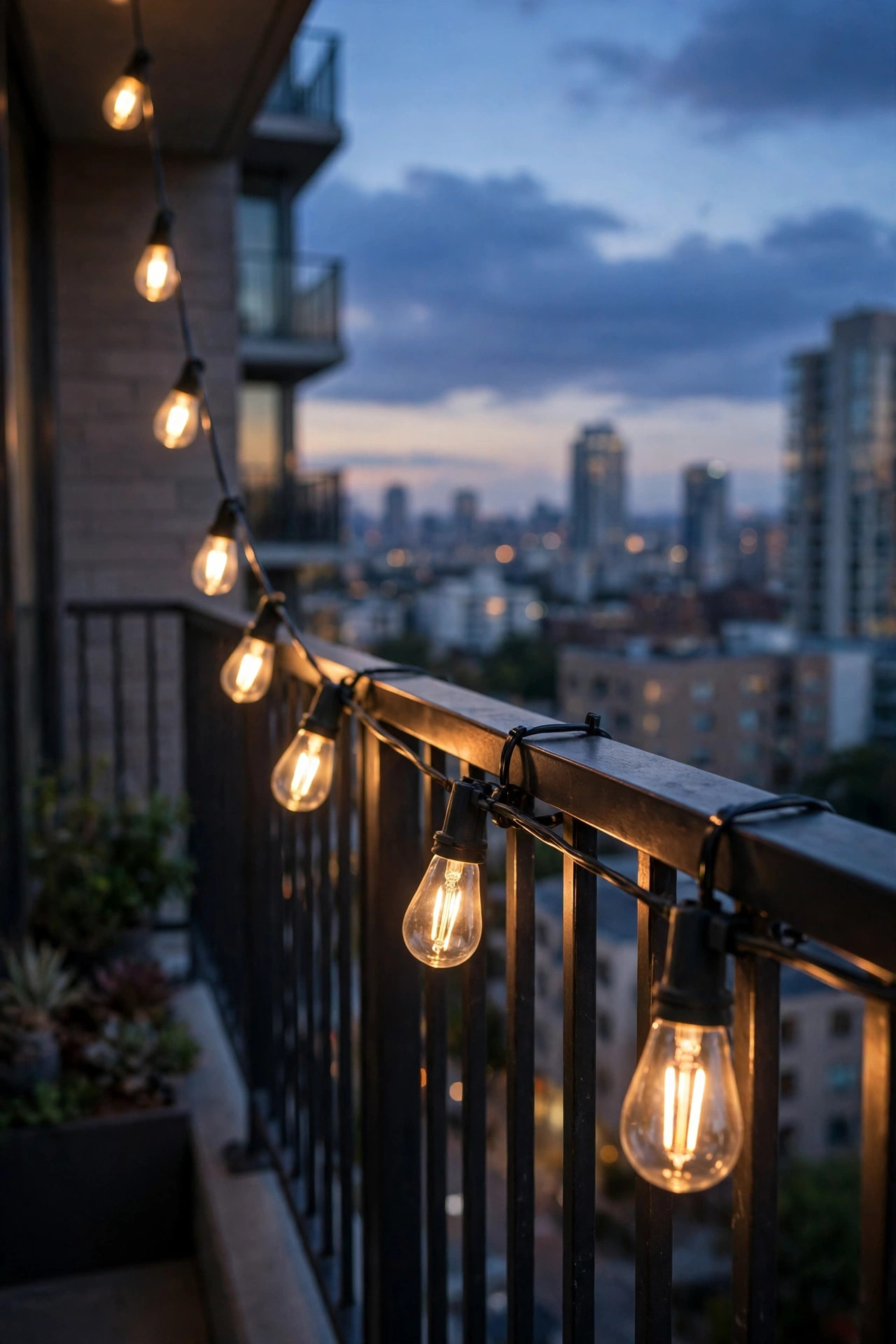 Shatterproof plastic LED filament bulbs on a secured string light run along a high-rise balcony railing at dusk