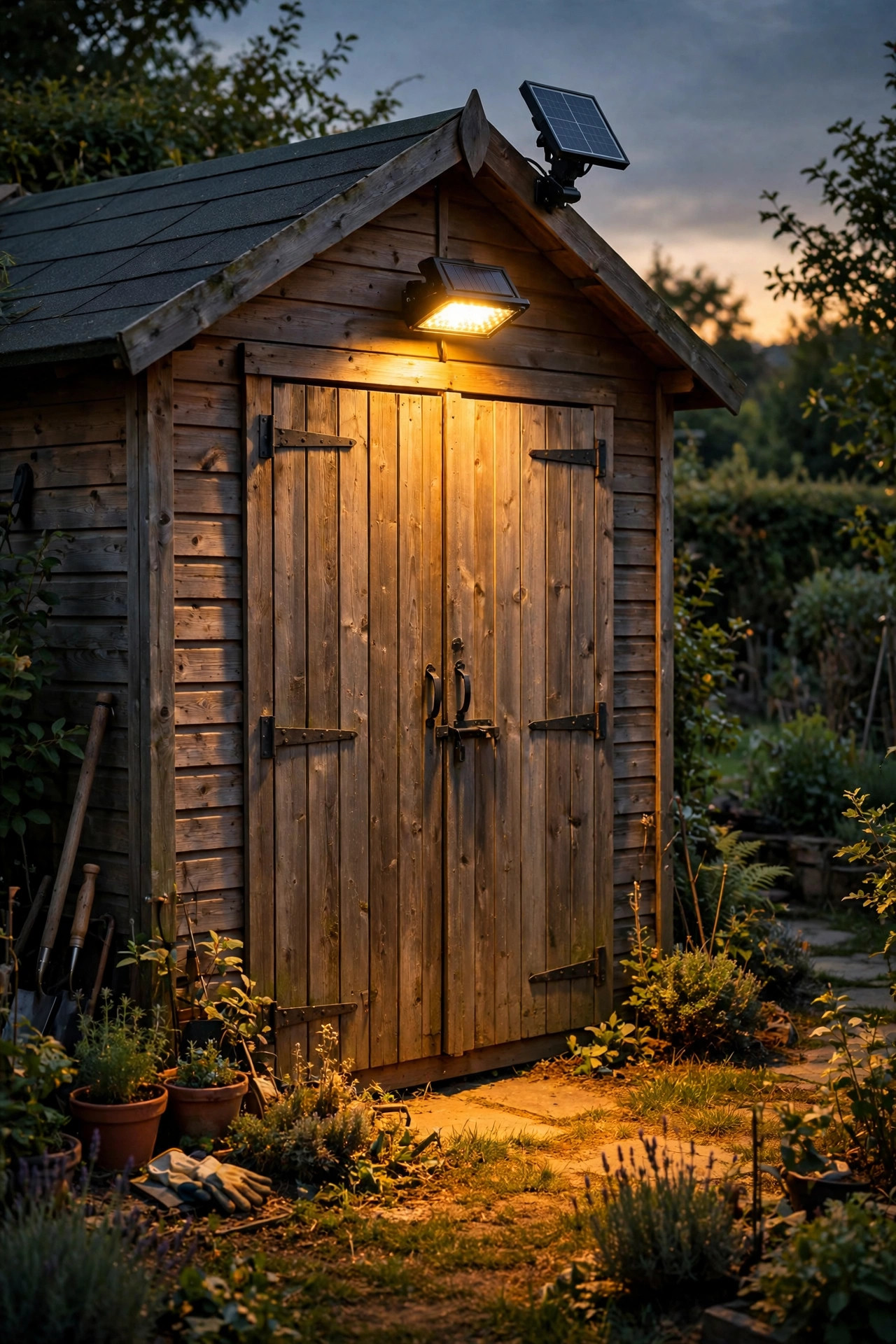 Bright solar flood light over the doors of a garden shed with its panel on the sunny roof edge