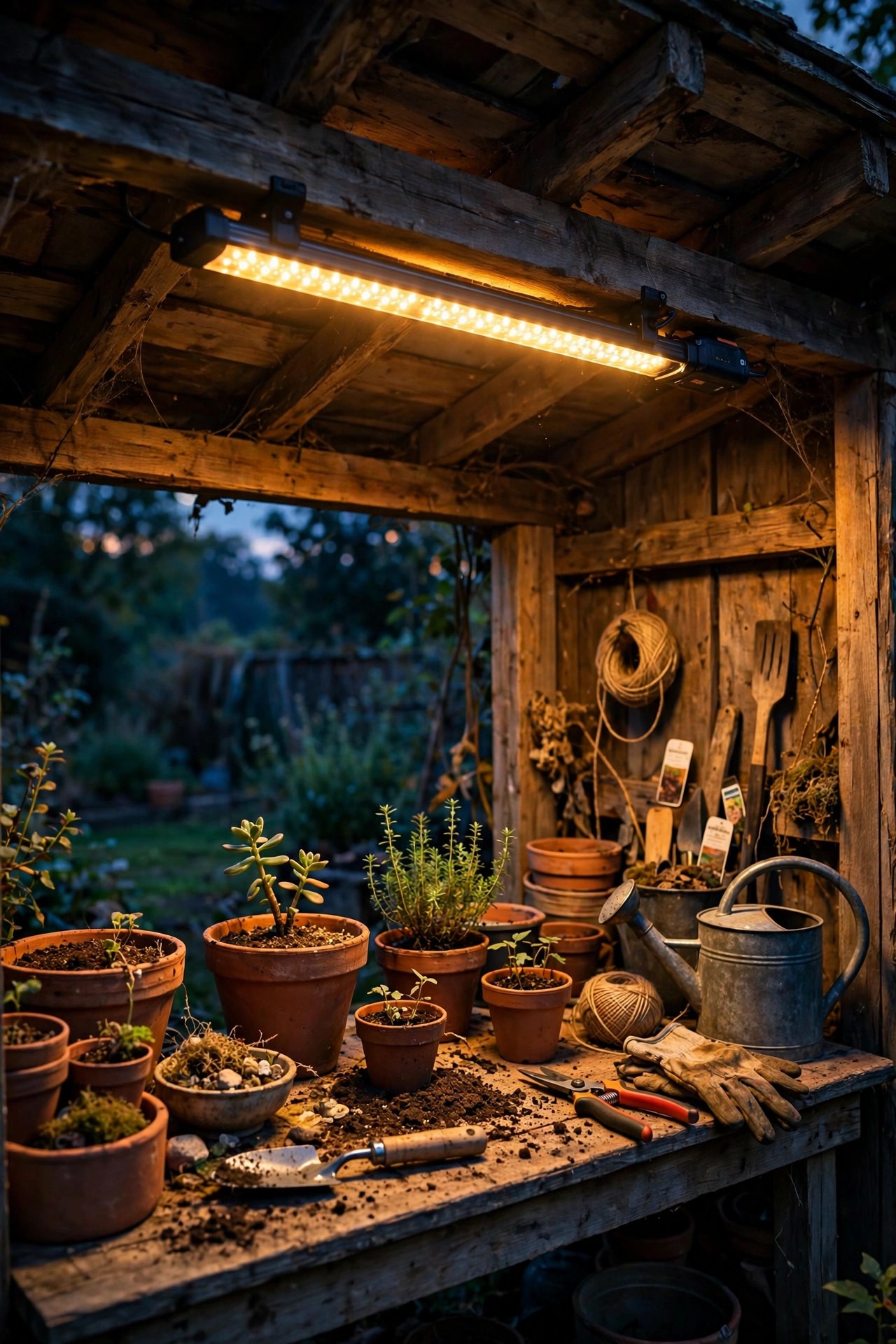 Battery powered LED light bar glowing under a garden shed roof, illuminating pots, tools and a potting bench