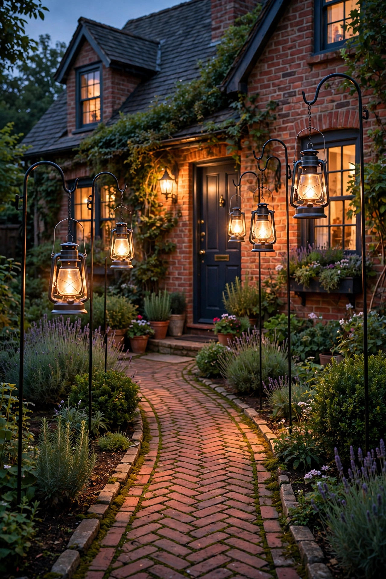 Hanging lanterns on shepherd's hooks lighting a cottage-style brick walkway