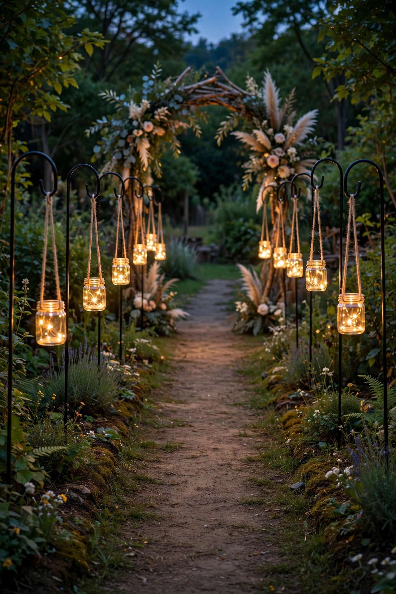 Small glass jars with glowing lights hanging from shepherds hooks along a path to an outdoor ceremony