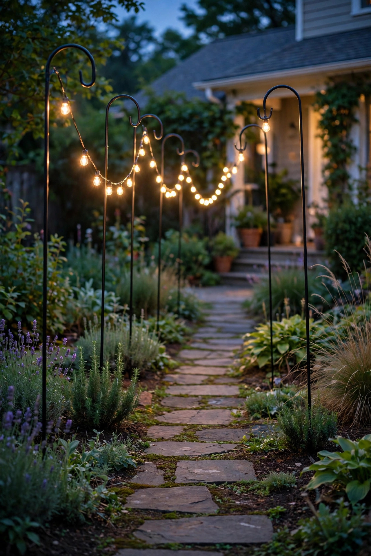 Tall shepherd's hooks draped with a single strand of warm string lights along a garden path at dusk