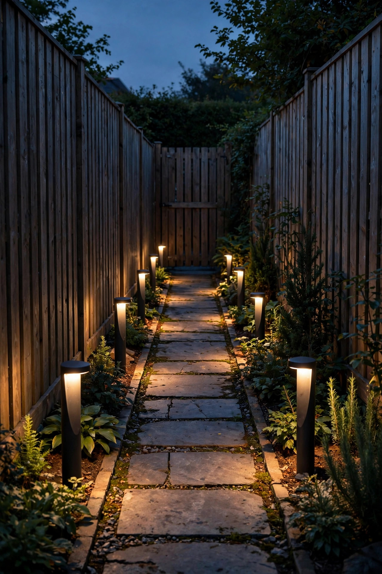 Short shielded bollard lights lighting a narrow side yard path and gate at dusk with no light spilling over the fence