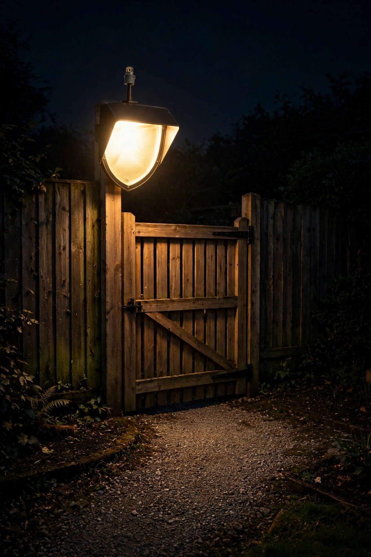 Shielded floodlight glowing over a side yard gate and gravel path at night, its photocell sensor mounted on a short stalk facing the sky