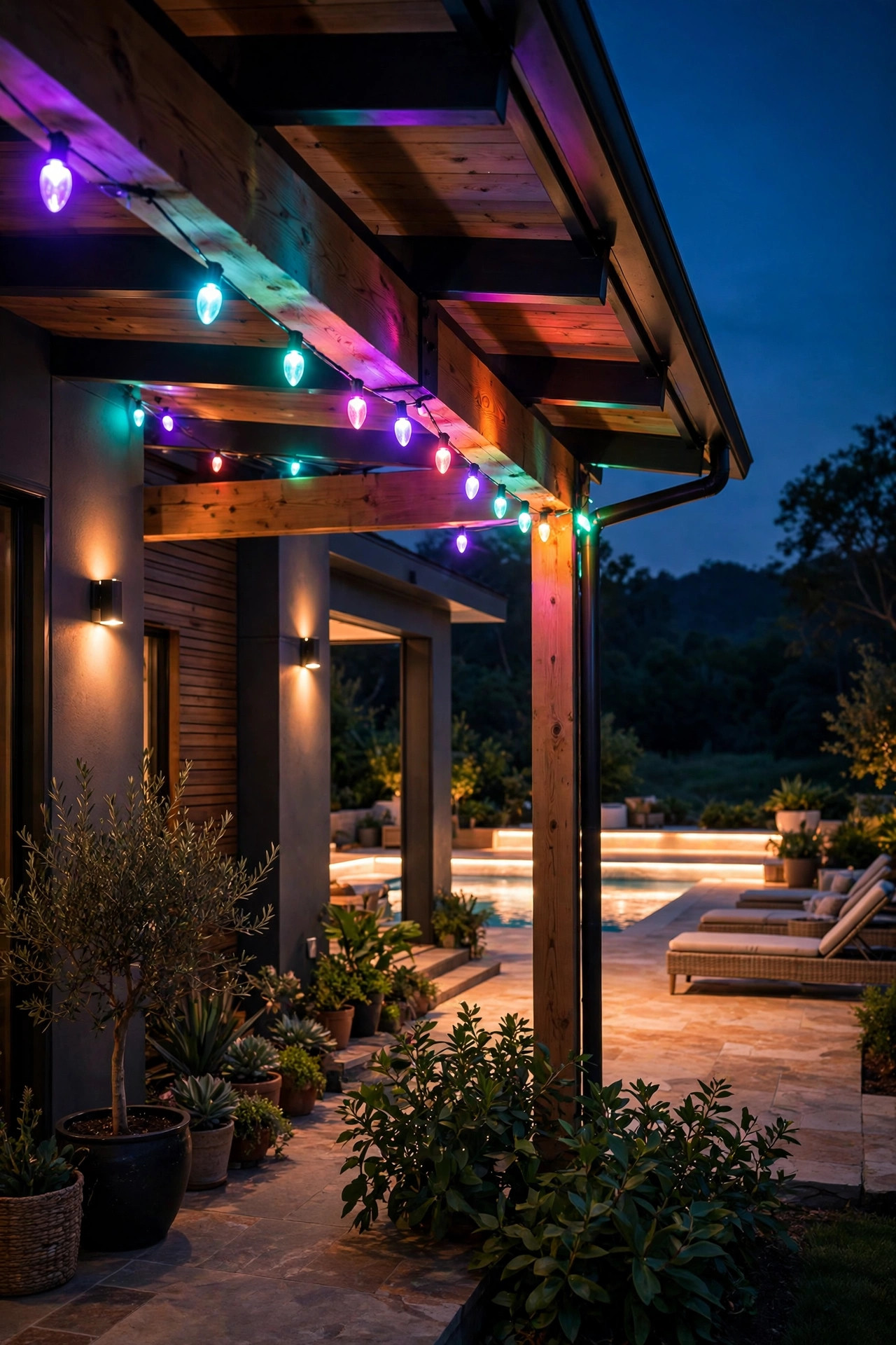 Pool house porch fixtures glowing in party colors with a warm white pool deck in the background at night