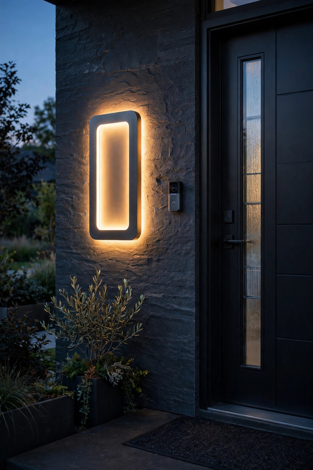 Smart backlit address plaque glowing automatically at dusk beside a front door with a video doorbell
