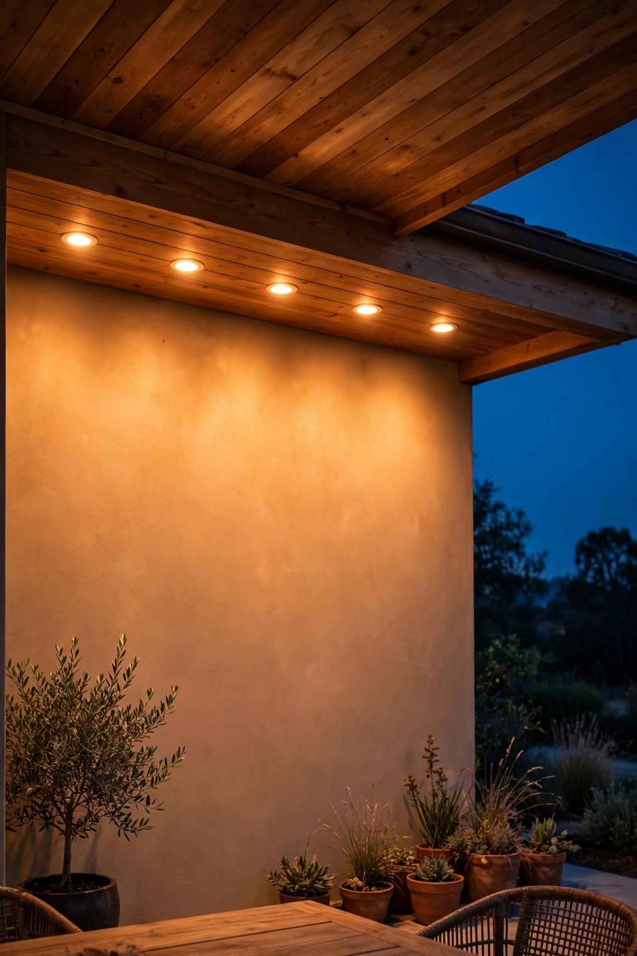 Smart wall switch controlling a row of warm recessed soffit lights above a patio at dusk
