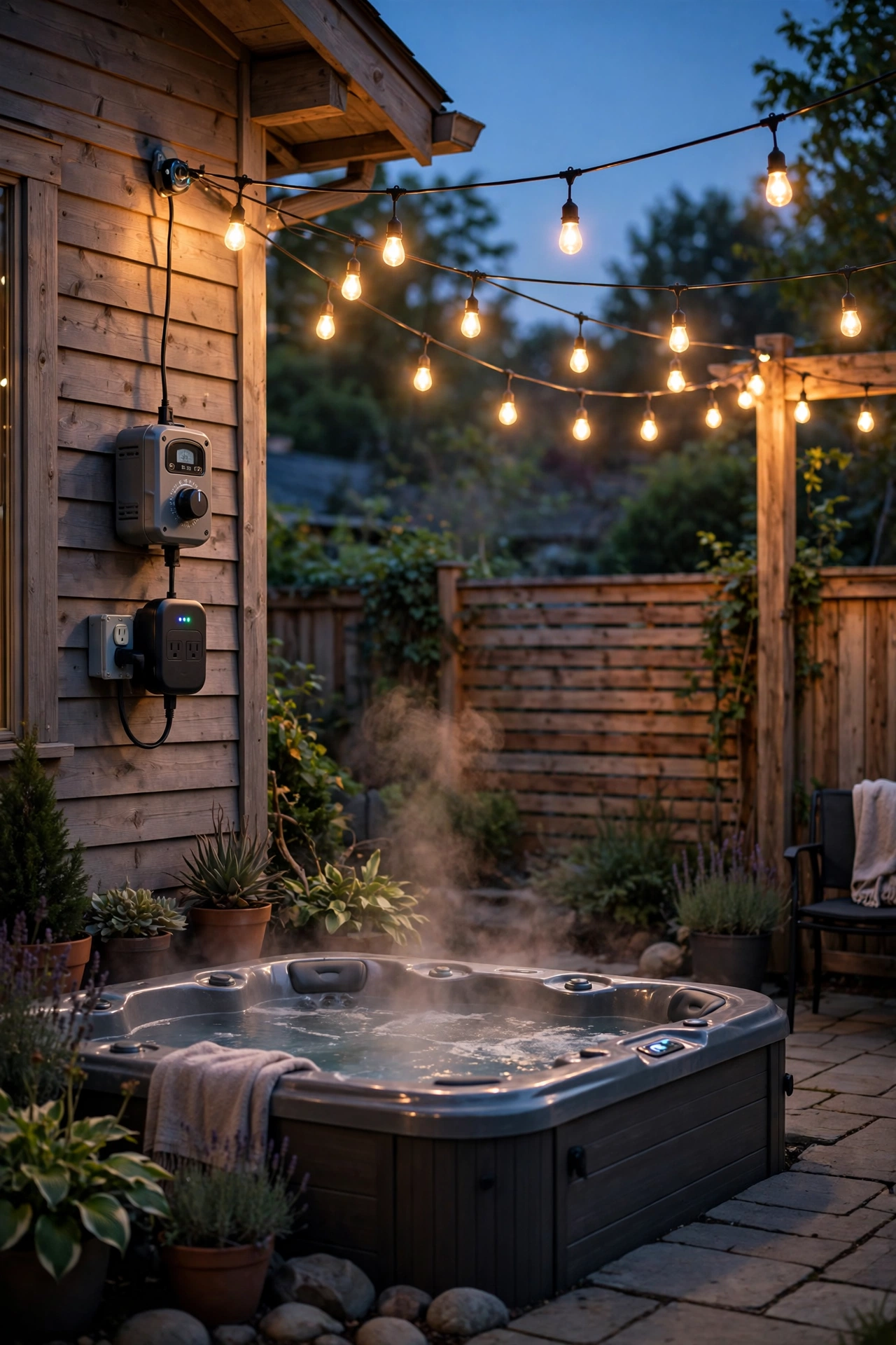 Outdoor smart plugs and timer controlling hot tub area string lights at dusk