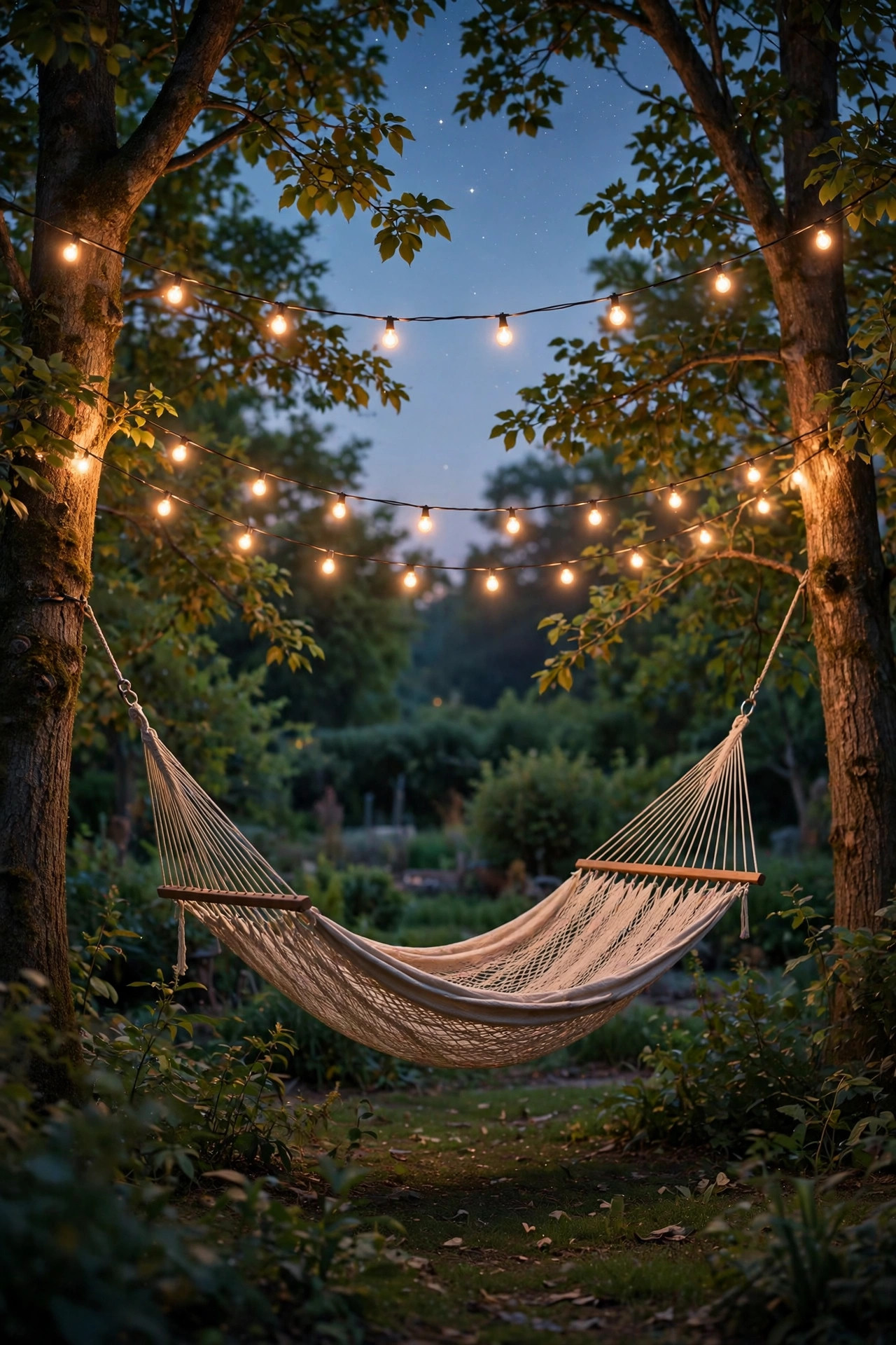 String lights over a hammock dimmed to a soft low glow for stargazing on a clear night