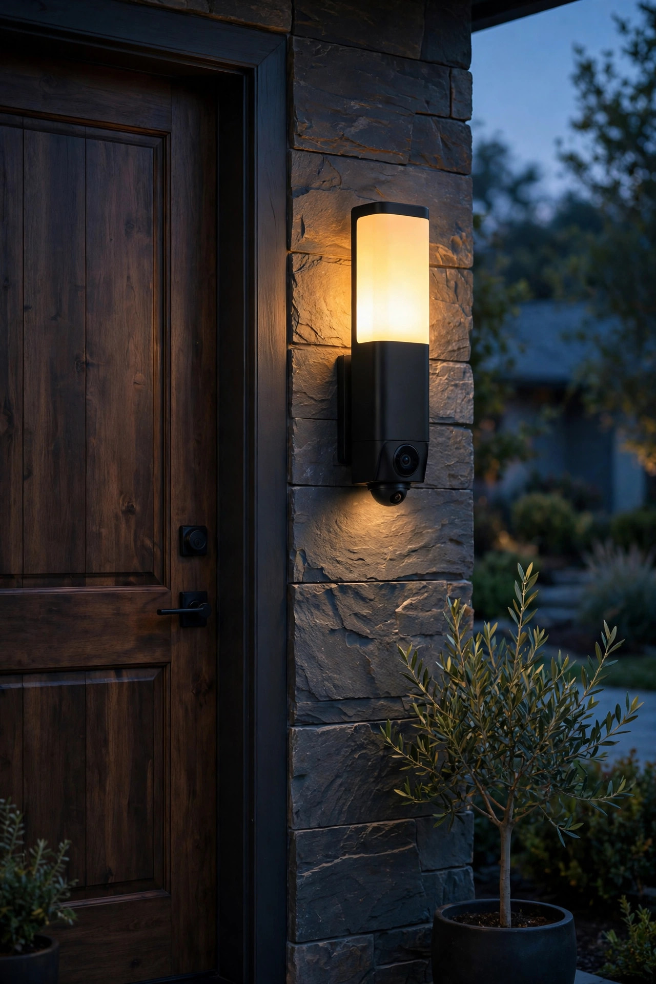 Smart Wi-Fi motion sensor sconce with discreet camera beside a front door glowing warmly at dusk