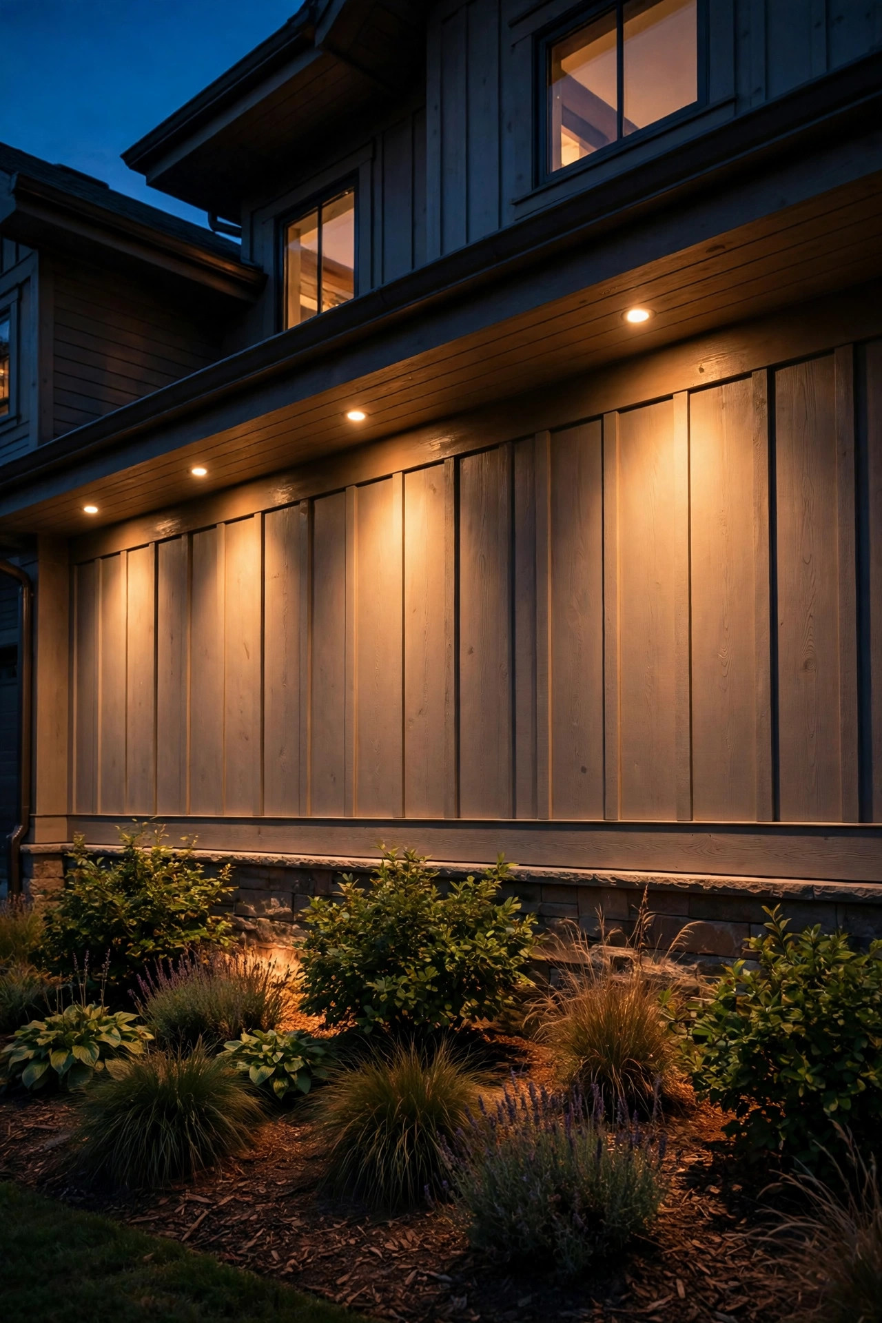 Warm downlights under the eaves of a home washing the facade and foundation plantings in soft light at night