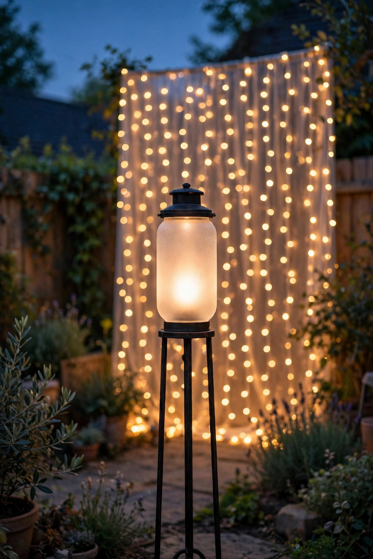 Soft diffused lantern on a stand providing a warm key light in front of an outdoor photo backdrop