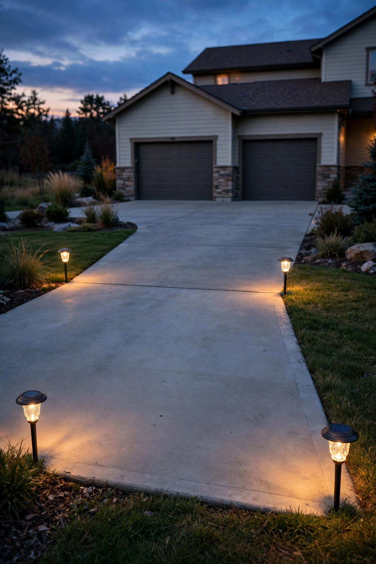 Warm solar stake lights marking the corners of a wide garage driveway apron at dusk