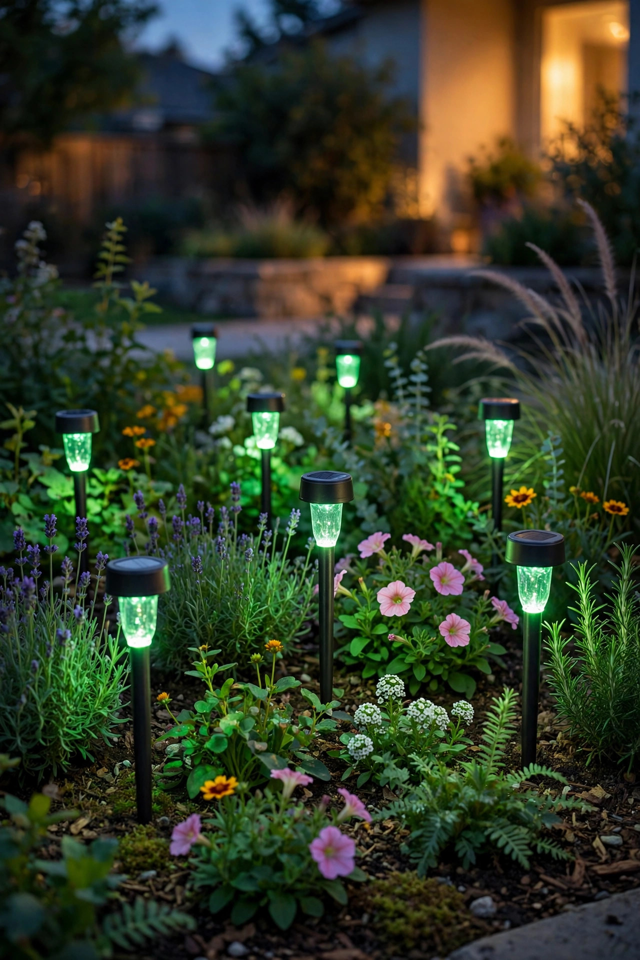 Solar color changing stake lights glowing green among flower bed plants at dusk
