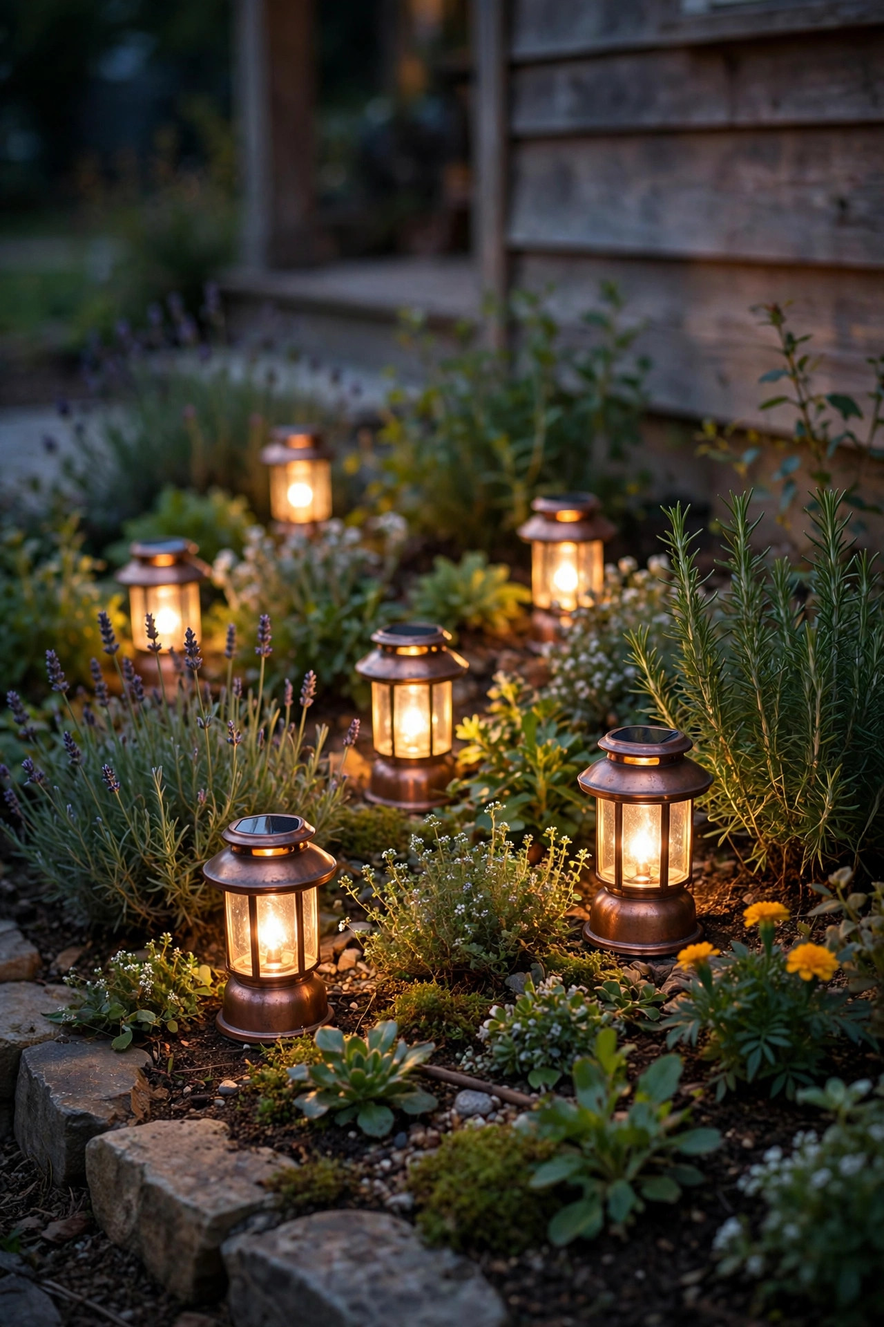 Small solar copper lanterns glowing softly among garden bed plantings at dusk