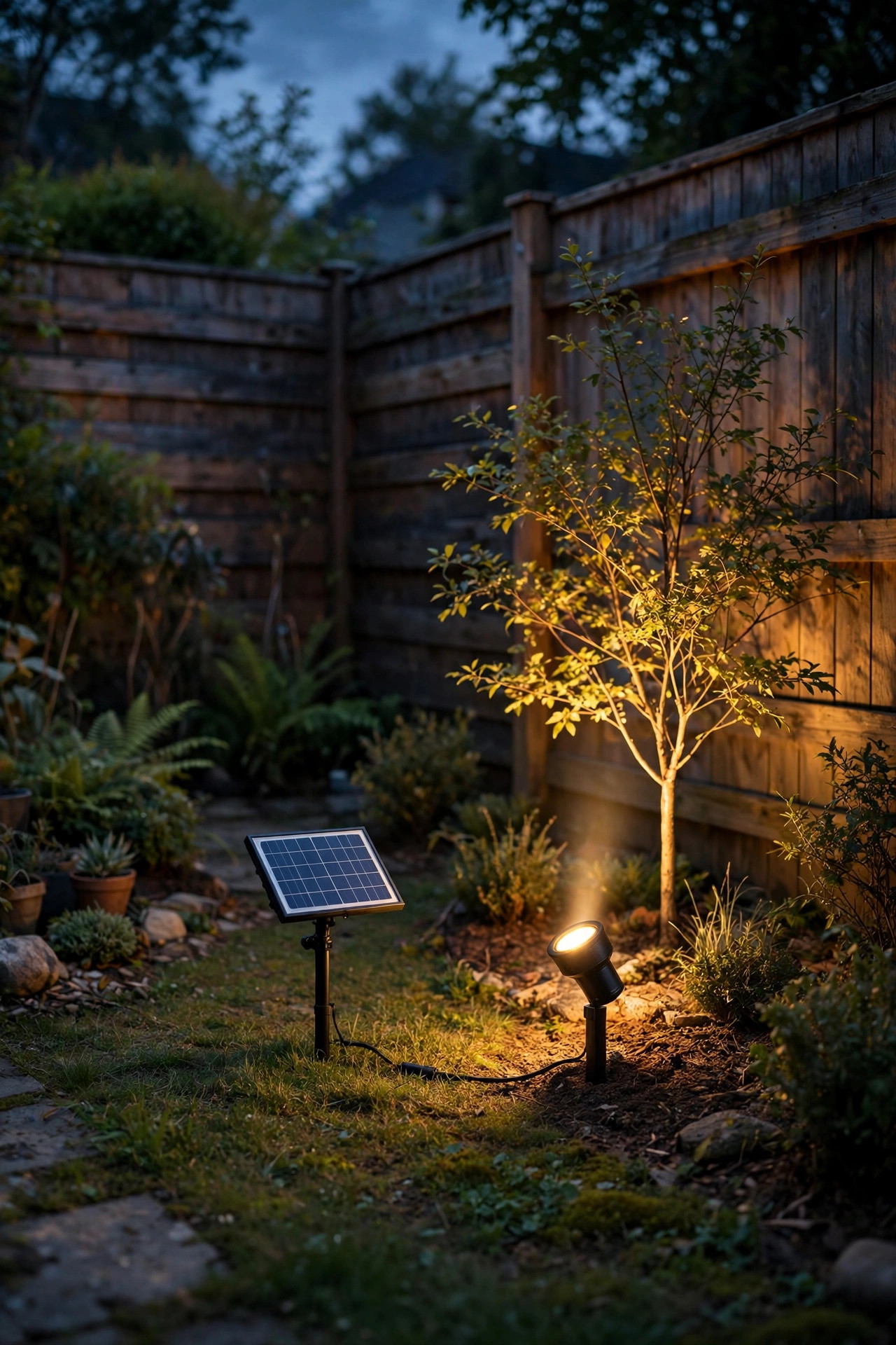Solar narrow beam spotlight with a separate solar panel lighting a small tree in the far corner of a backyard at night