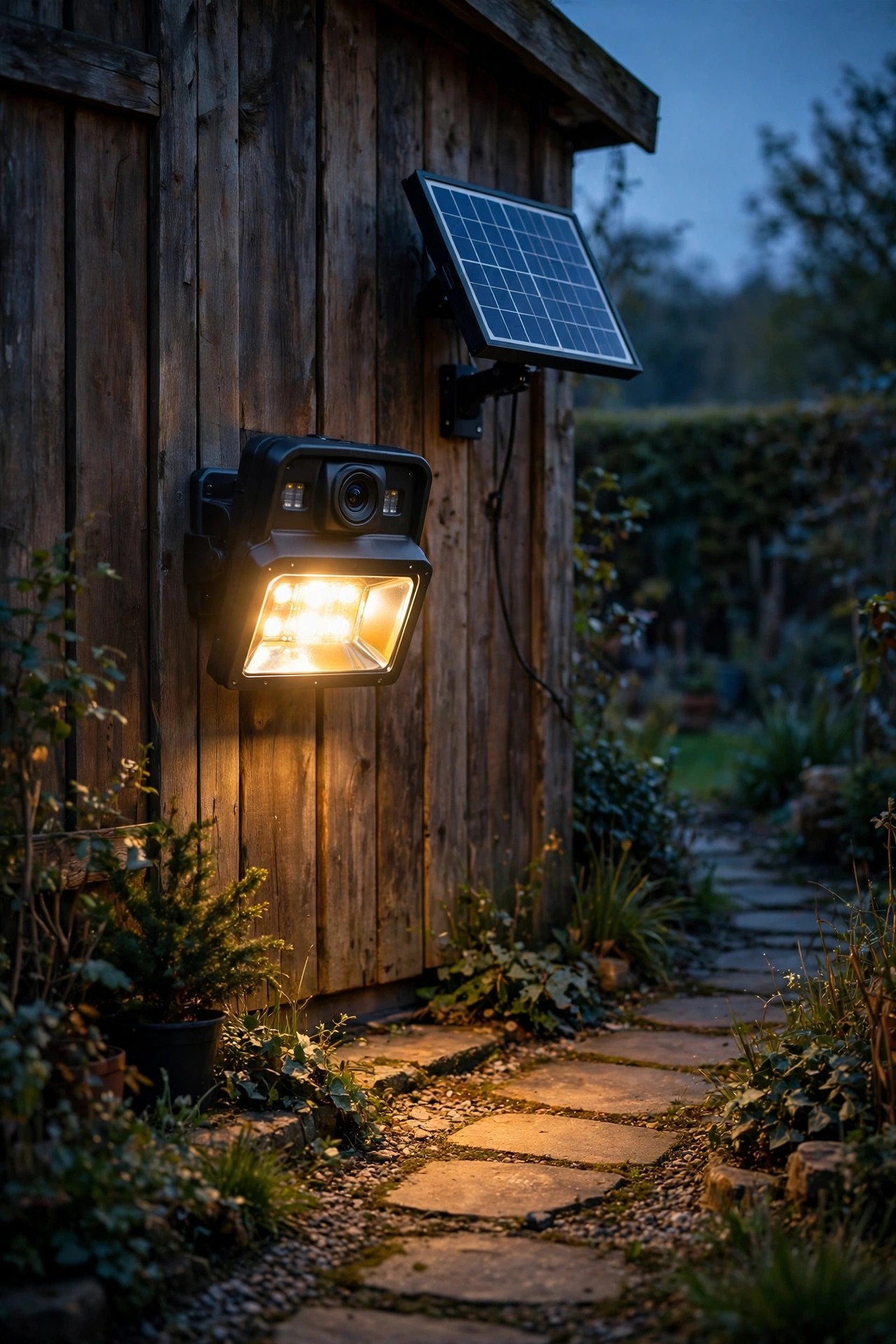 Solar flood light camera with a separate small solar panel mounted on a garden shed wall at dusk, warm light over a path