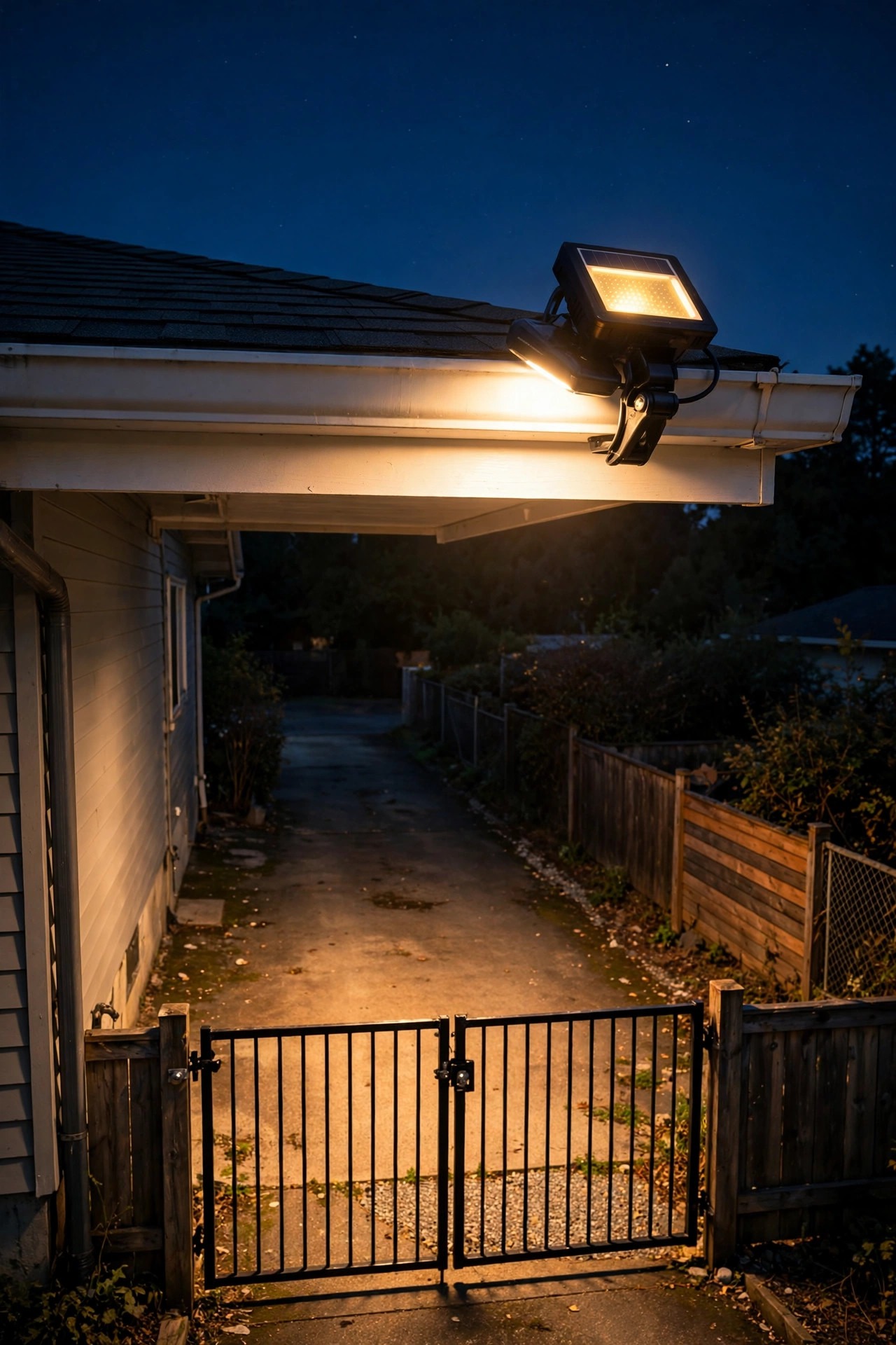 Solar floodlight clipped to a gutter edge lighting a rental driveway and gate with bright warm light at night